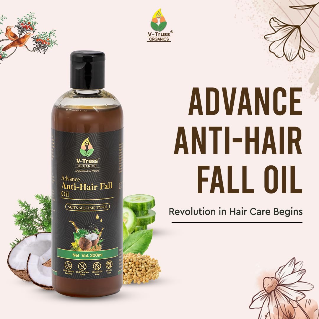 V-Truss Organics Advanced Anti Hair Fall Oil - 200ml | Natural Hair Growth Treatment for Men & Women | Stops Hair Loss & Promotes Thicker Hair | Perfect for Daily Scalp Massage & Overnight Hair Care