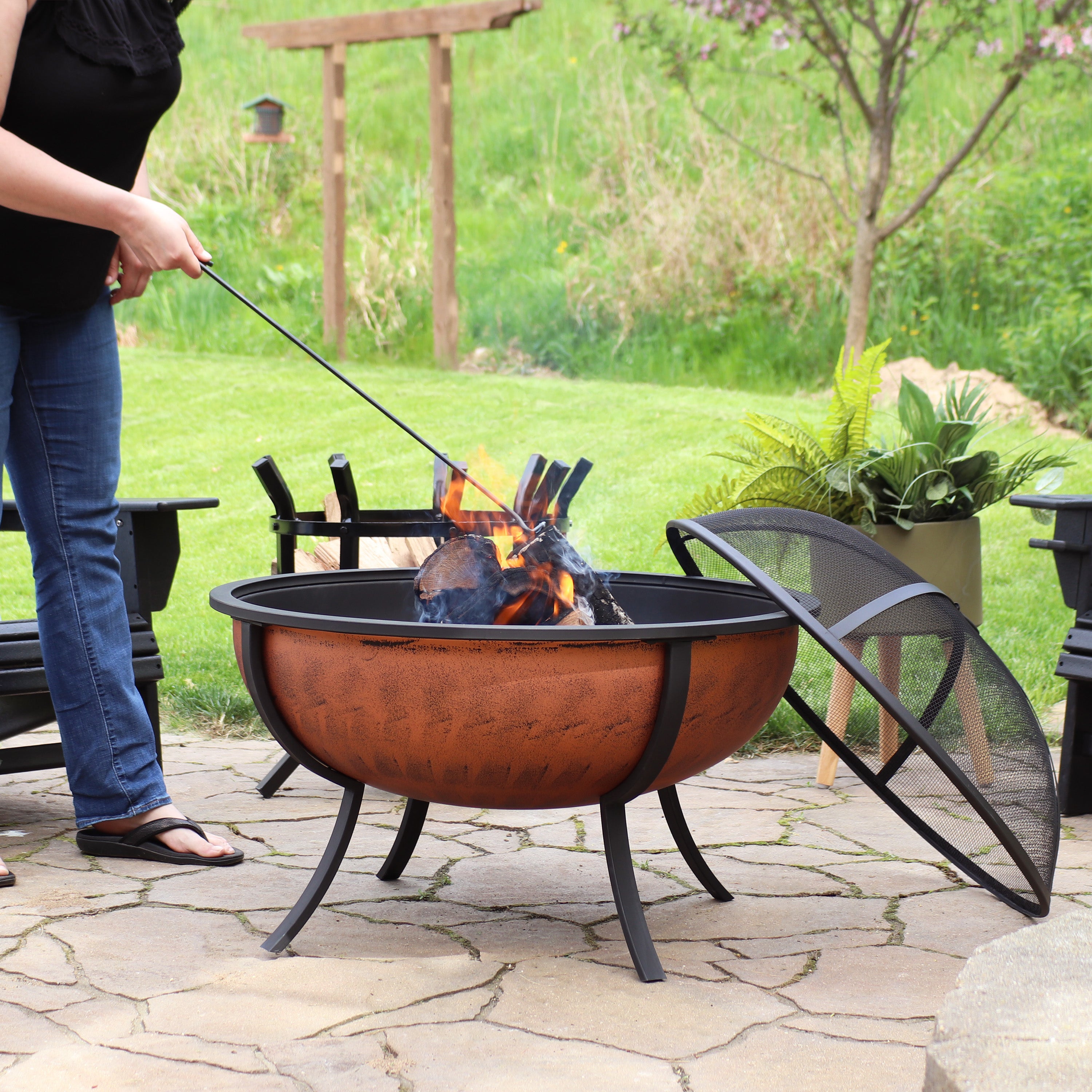 Sunnydaze 32-Inch Copper Raised Outdoor Fire Pit Bowl with Spark Screen - Perfect for Backyard, Patio, and Camping Gatherings