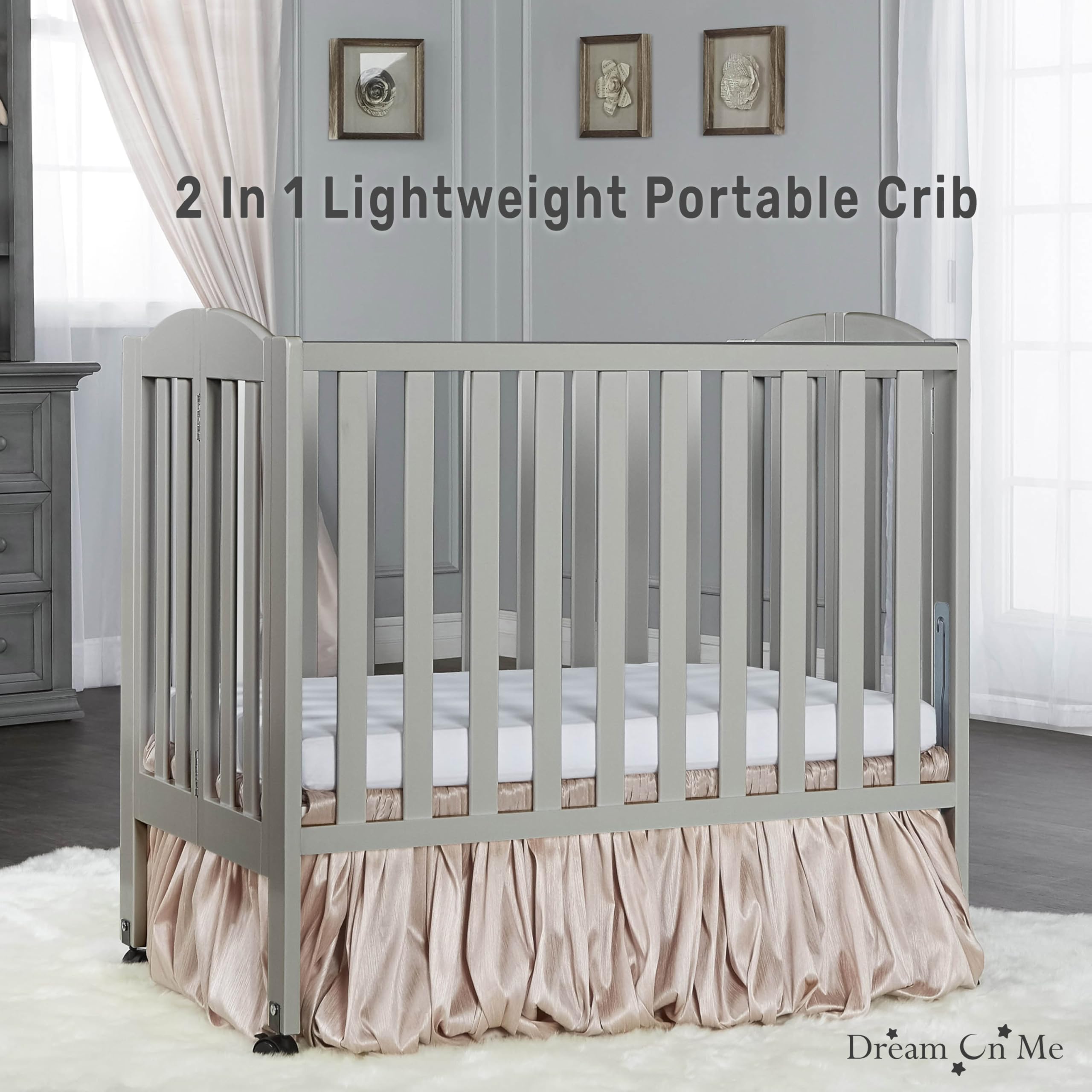 Dream On Me 2-in-1 Folding Portable Baby Crib - Cool Grey | GREENGUARD Gold Certified | Compact 40