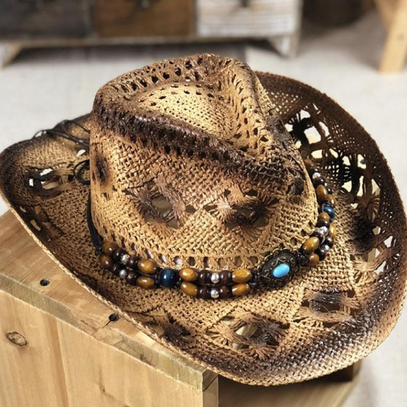 Stylish Rolled Jazz Cowboy Straw Hat for Men & Women - Breathable Summer Sun Hat with Adjustable Gem Strap - Perfect for Beach, Outdoor Activities & Sun Protection
