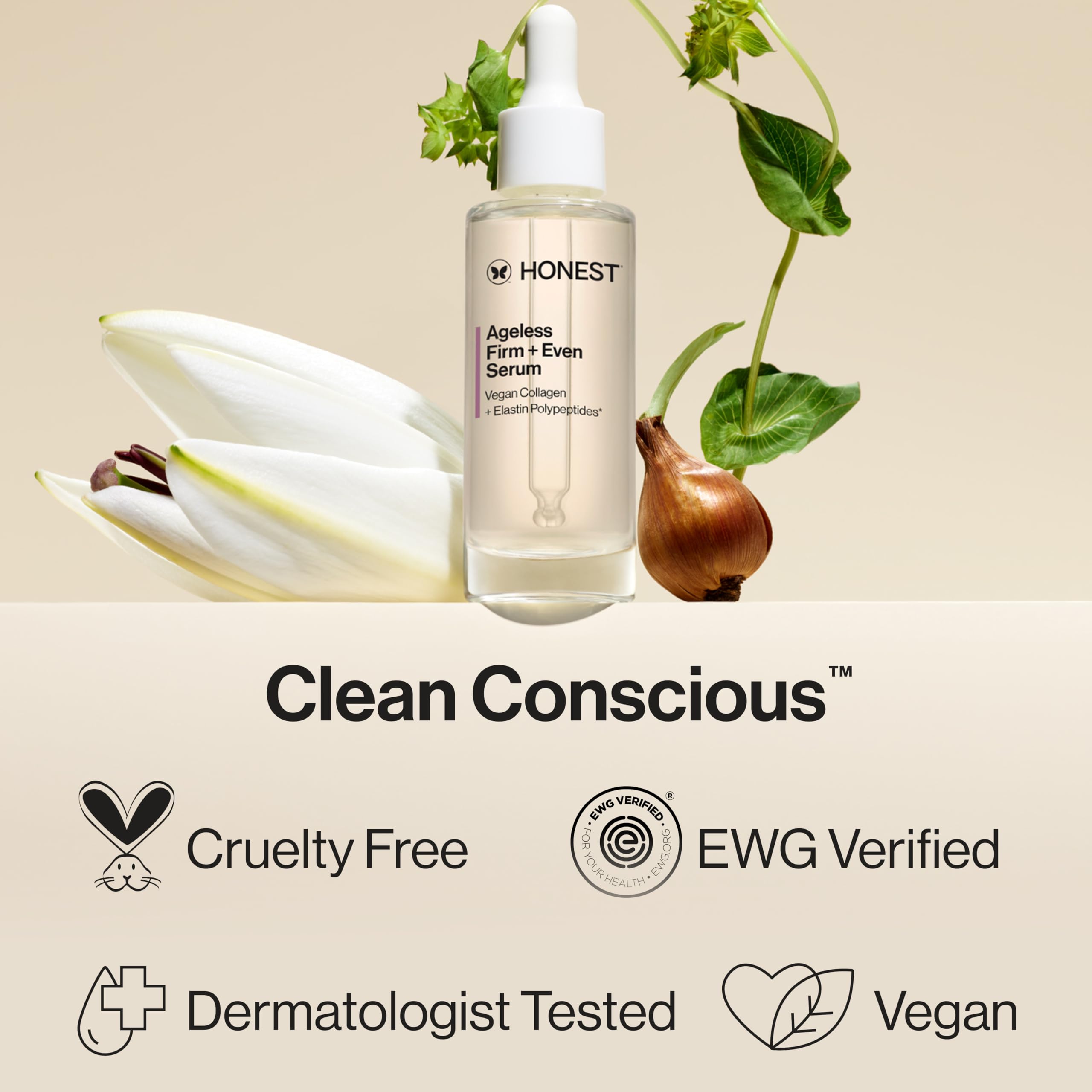 Honest Beauty Ageless Firm & Even Serum with Vegan Collagen & Elastin Polypeptides - Firming & Brightening Face Serum for Youthful Skin - Fragrance Free, EWG Verified, Vegan, Cruelty-Free (1 fl oz) - Perfect for Daily Skincare Routine & Anti-Aging Treatment