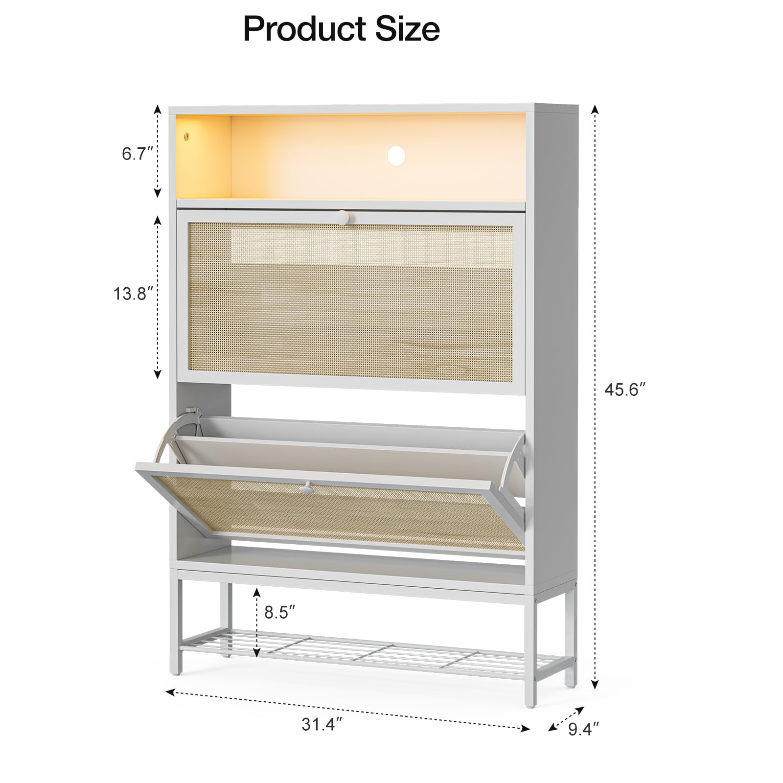IKIFLY White Rattan Shoe Cabinet with LED Light - 2 Flip Drawers & Open Shelves Narrow Shoe Storage Organizer with Metal Legs for Entryway, Living Room, Apartment - Perfect for Small Spaces & Home Decor