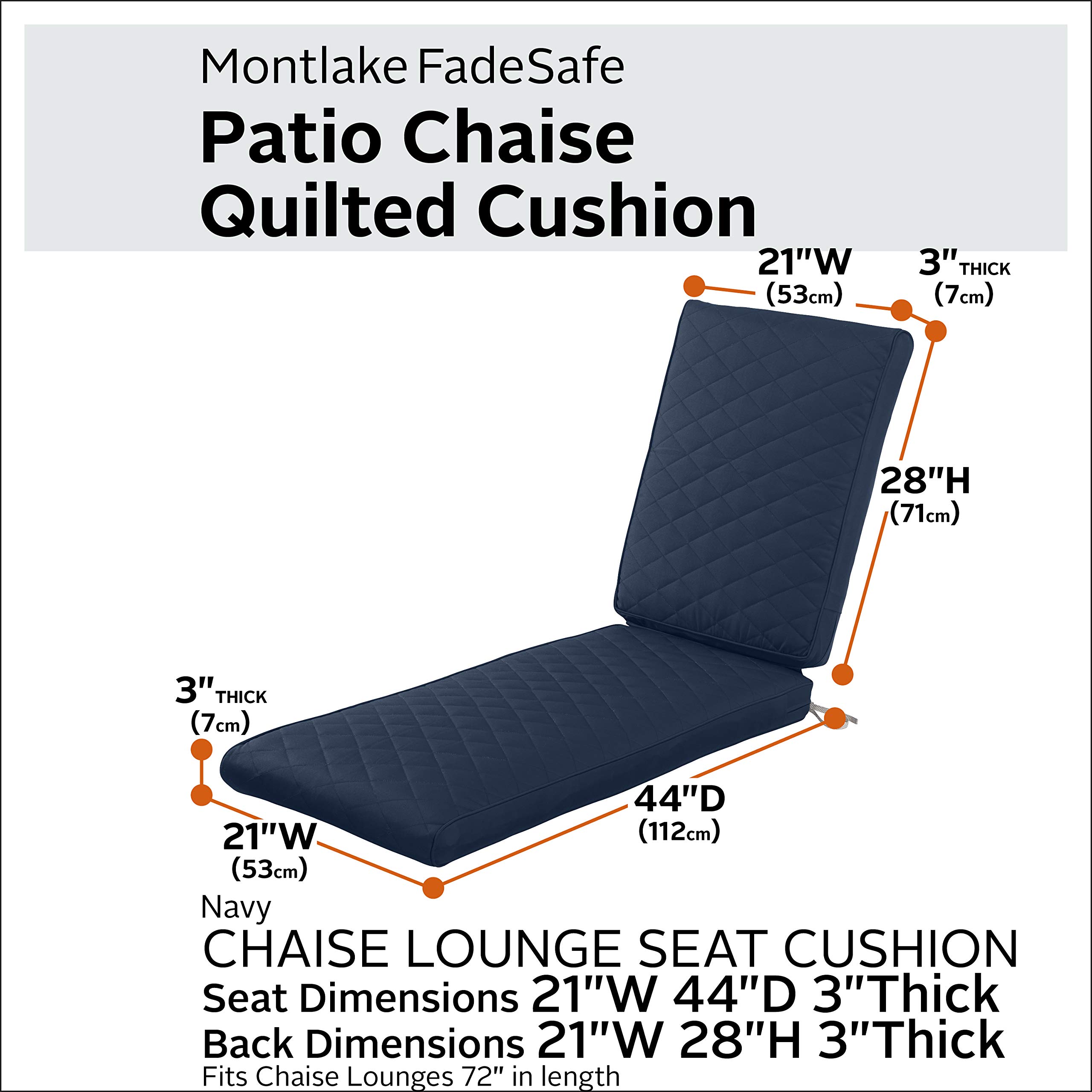 Classic Accessories Montlake Outdoor Chaise Lounge Cushion 72x21 Inch - FadeSafe & Water-Repellent Quilted Navy Patio Furniture Cushion for Poolside, Deck, and Garden Relaxation
