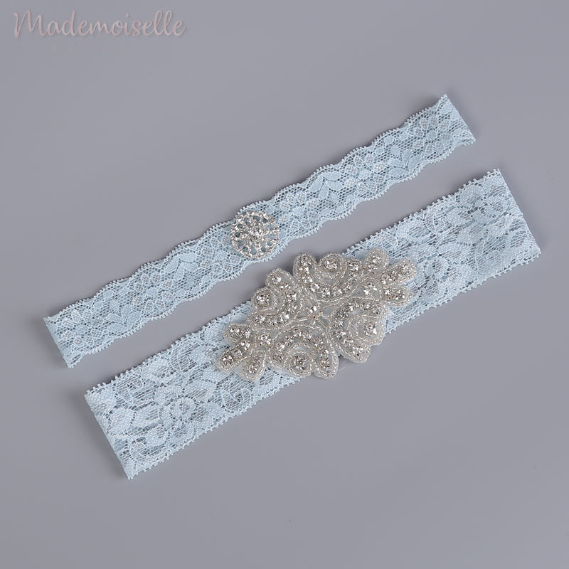 Elegant French Lace & Rhinestone Wedding Garter Set - Perfect for Bridal Shower, Boudoir Photos & Something Blue Tradition