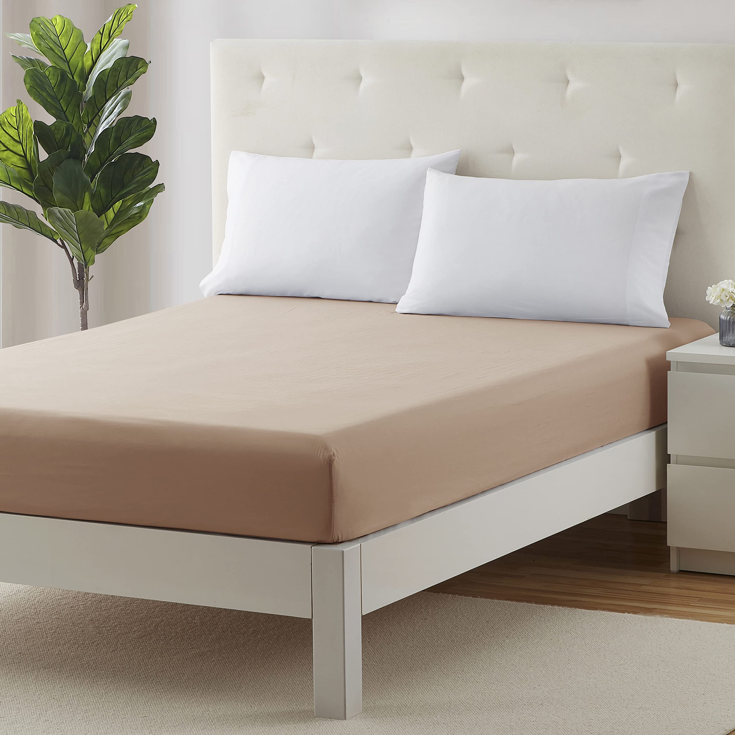 Clara Clark Twin XL Fitted Sheet - Super Soft 16 Inch Deep Pocket Mattress Cover - Wrinkle, Fade & Stain Resistant - Taupe Sand Color - Perfect for Dorms, Guest Rooms & RVs