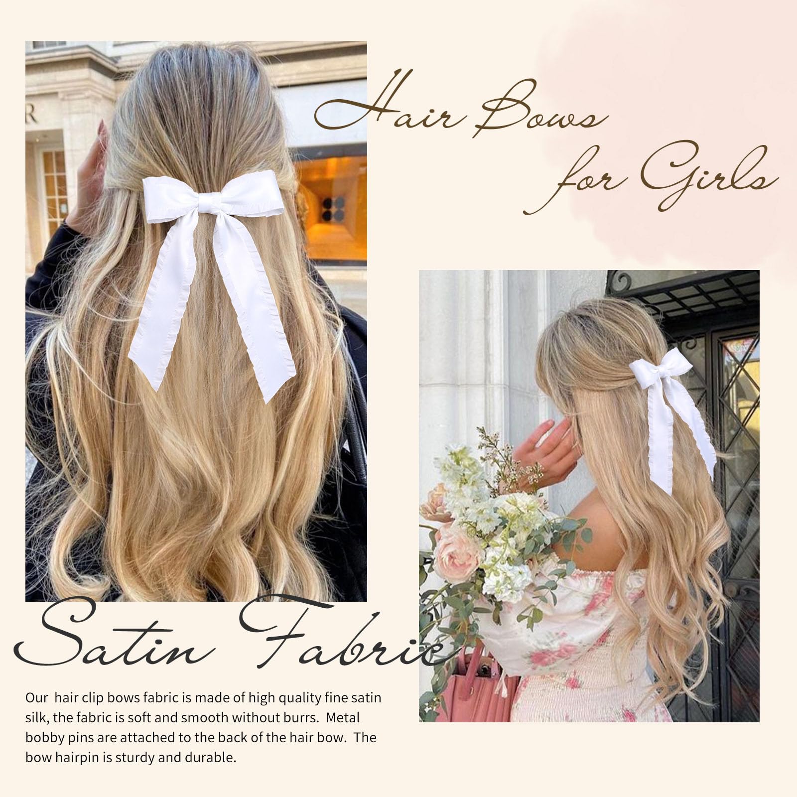 VOBOBE 2PCS White Tassel Hair Bows for Women & Girls - Elegant Bowknot Hair Clips Barrettes with Long Tail - Perfect Hair Accessories for Parties, Weddings & Daily Wear (White)