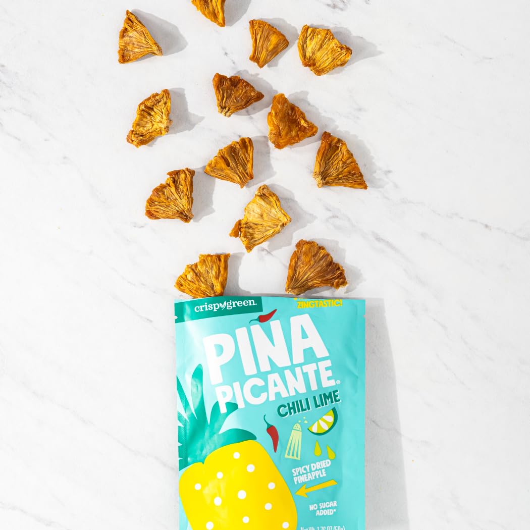 **Spicy Chili Lime Dried Pineapple Snacks - Crispy Green Piña Picante, 1.76oz (12 Single-Serve Bags) | Healthy Real Fruit Snack for On-the-Go, Office, Hiking & Travel**