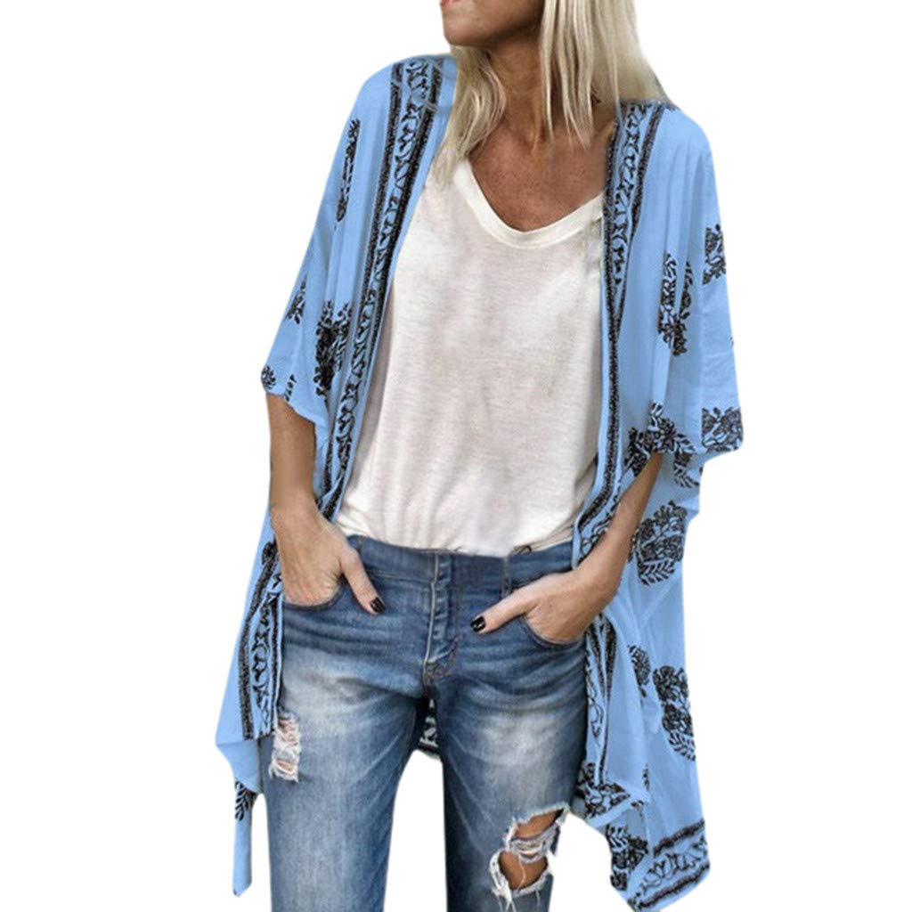Boho Sheer Half Sleeve Loose Printed Chiffon Sunscreen Cardigan Blouse - Korean Fashion Women's Top for Beach Cover-Up, Summer Outfits & Casual Wear