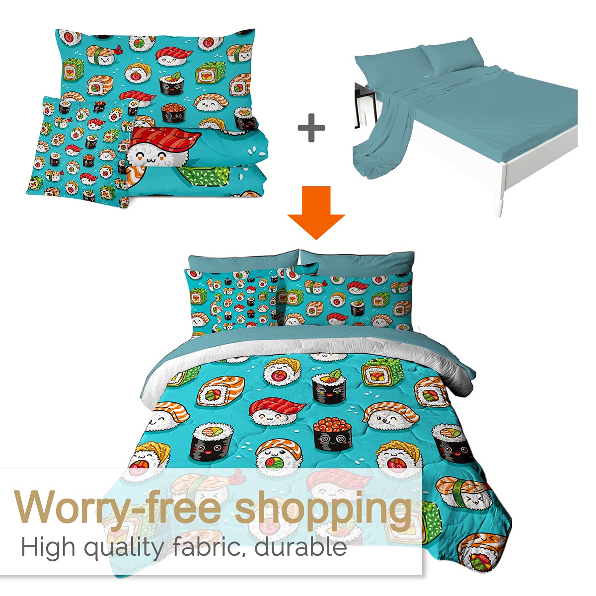BlessLiving Sushi Queen 8-Piece Comforter Set - Kawaii Sushi Smiling Pattern Bedding Set with Comforter & Sheets, All-Season Down Alternative Duvet Cover for Girls & Women | Perfect for Teen Bedrooms, Dorm Rooms & Anime Lover Gifts