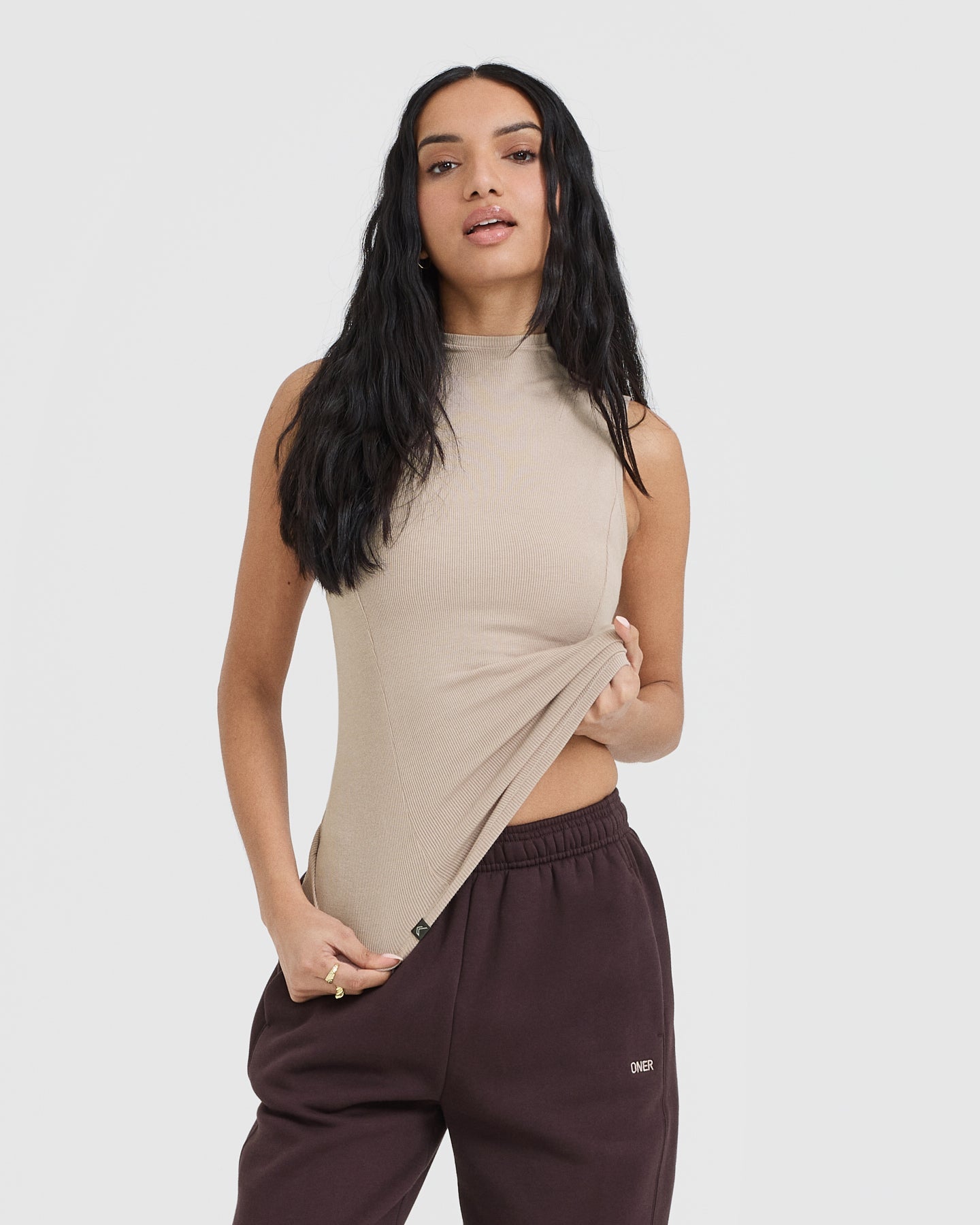 Mellow™ Rib Mock Neck Tank Top for Women - Soft Stretch Comfortable Casual Wear in Mushroom Brown | Perfect for Layering, Everyday Outfits, and Lounge Wear
