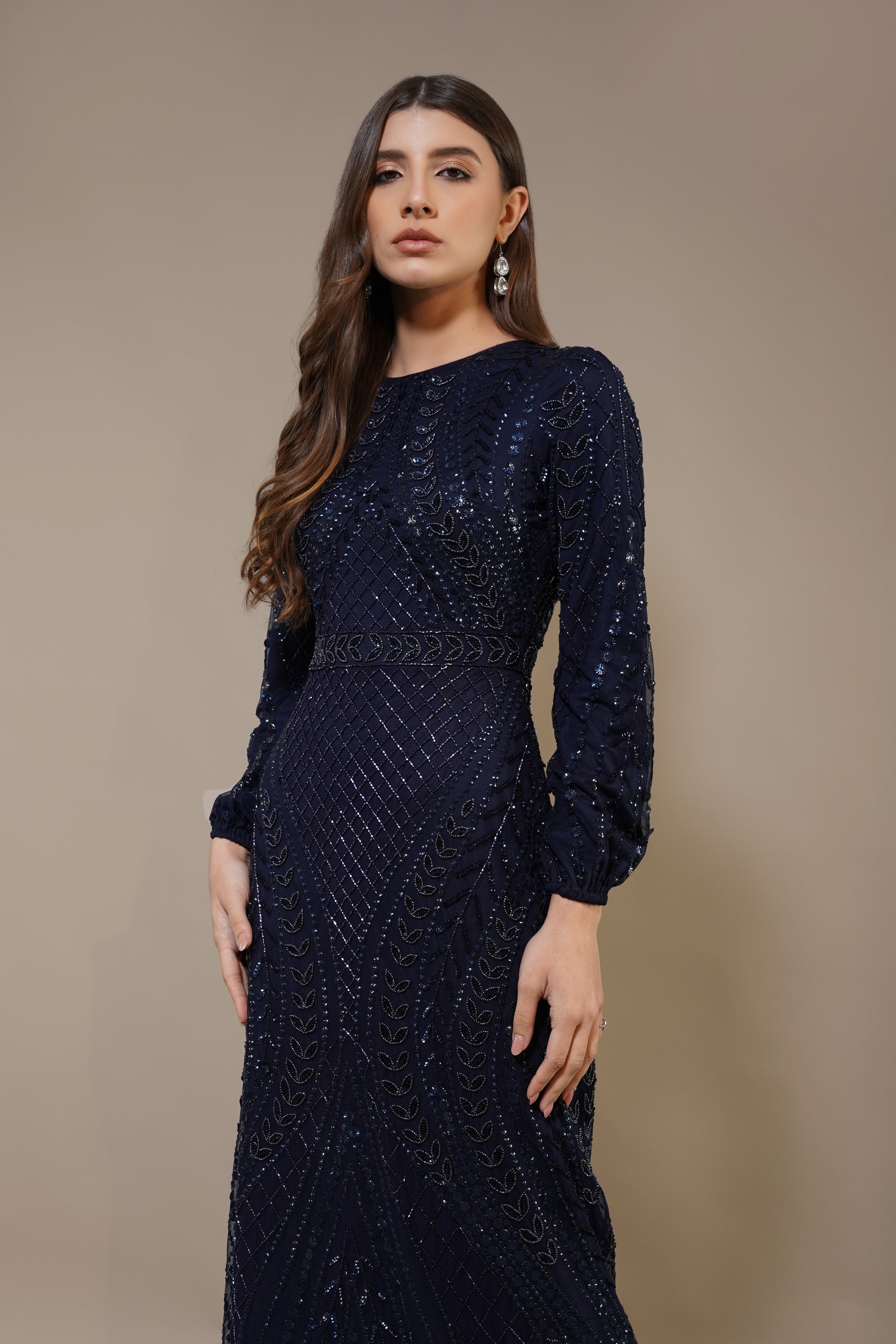 Elegant Navy Blue Acacia Embellished Maxi Dress for Women | Flowy Boho Beach Dress for Summer Vacations & Evening Parties