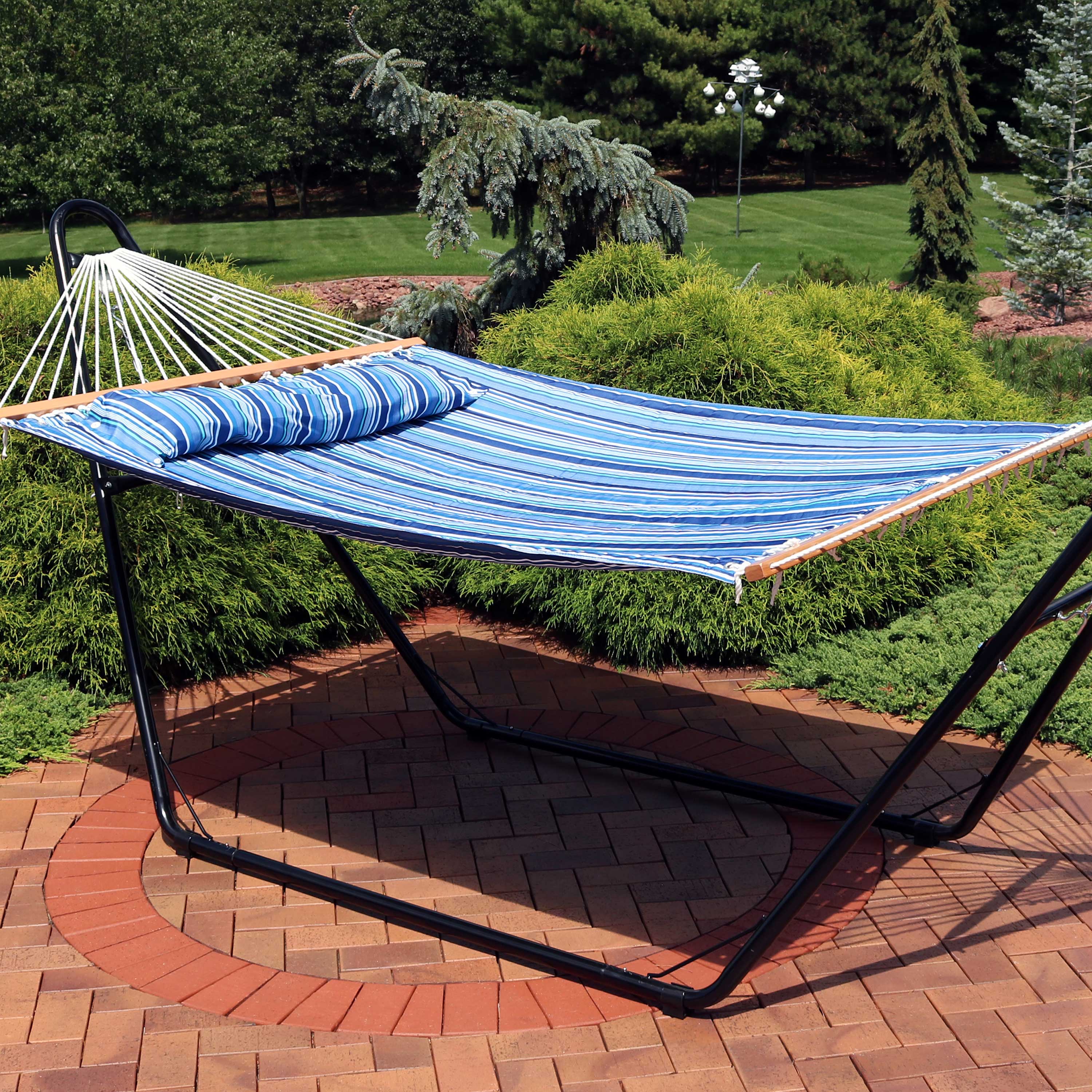 Sunnydaze 2-Person Fabric Spreader Bar Hammock with Pillow - Outdoor Relaxation for Backyard, Patio & Camping