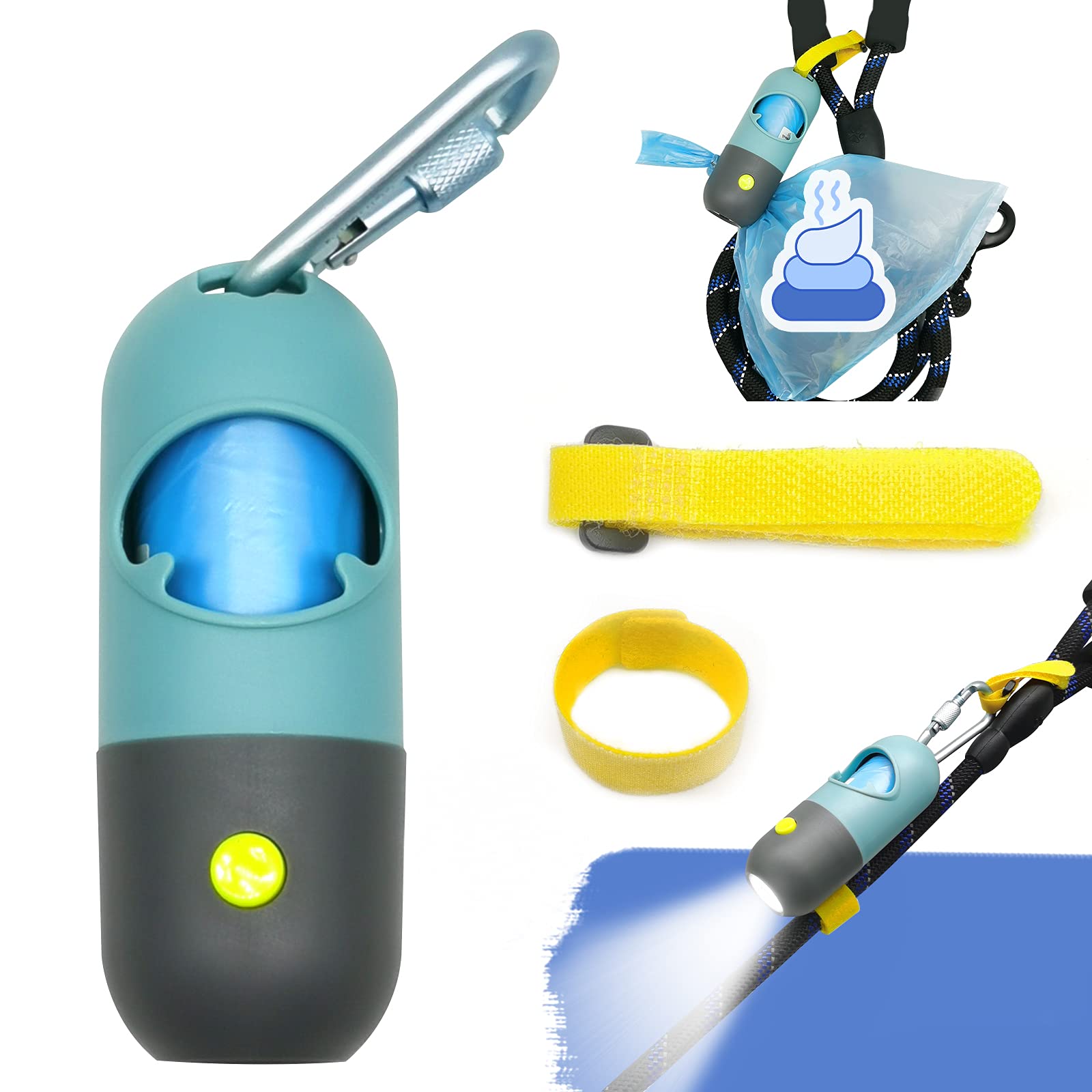 **LED Dog Poop Bag Holder with Flashlight & Leash Clip - 15 Waste Bags Included - Hands-Free Dispenser with Elastic Rope for Used Bags - Perfect for Night Walks & Outdoor Pet Cleanup**