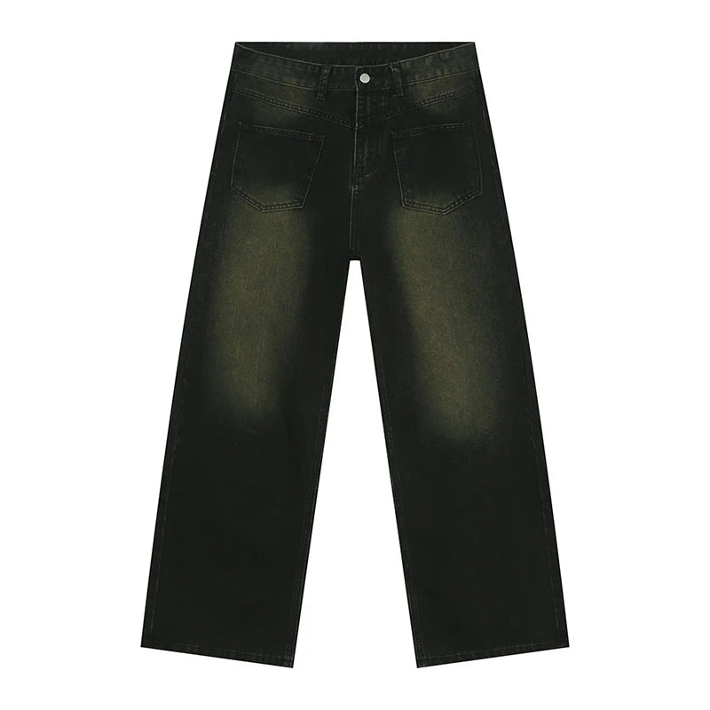 American Style Men's Reversible Contrast Color Distressed Straight Wide Leg Washed Denim Jeans - Casual Wear & Street Fashion | New Arrival 9W1846