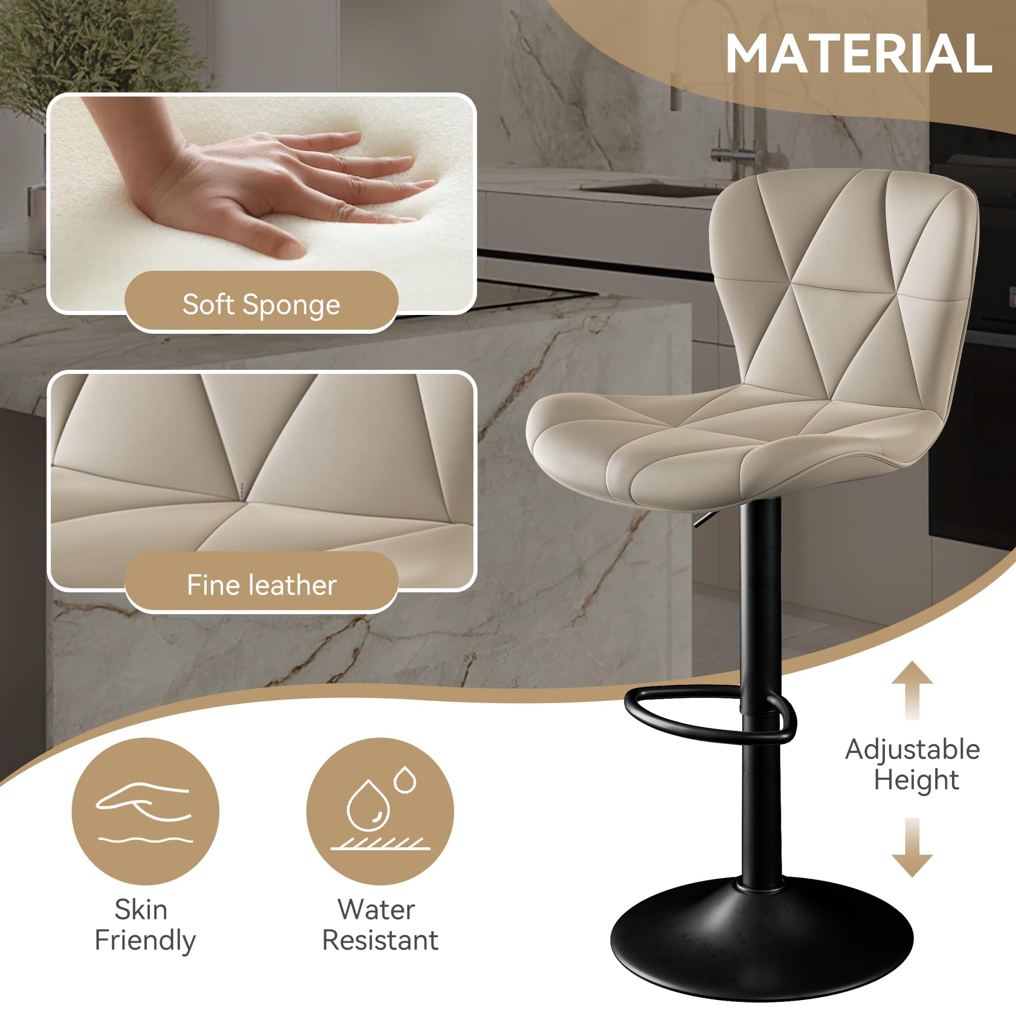 Adjustable Swivel Bar Stools Set of 2 - Faux Leather Upholstered Counter Height Bar Chairs with High Backrest for Kitchen Island, Dining Room & Home Bar (Khaki) - Perfect for Entertaining, Breakfast Nooks & Modern Kitchen Decor