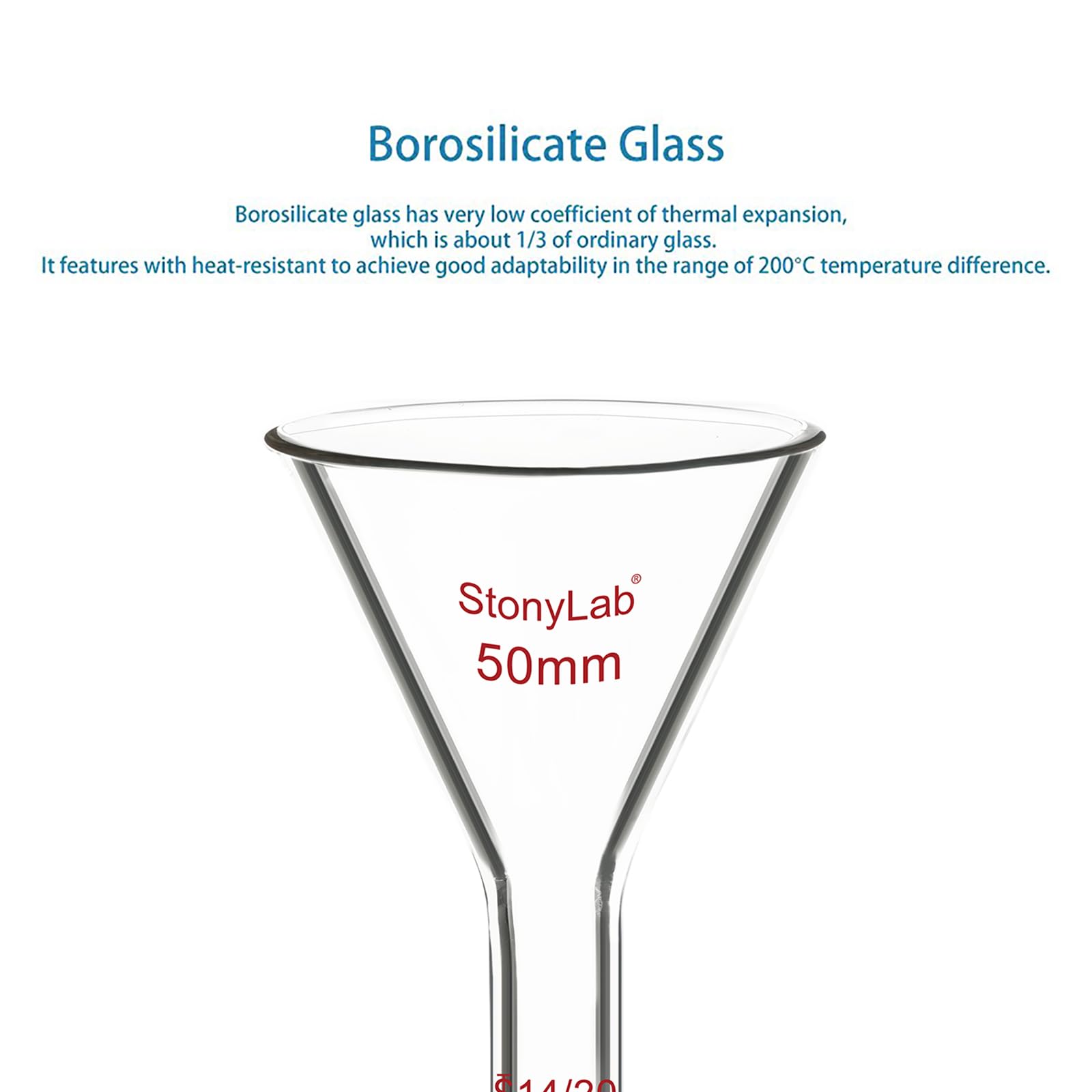 Stonylab Borosilicate Glass Powder Funnel - 50mm Diameter, 14/20 Joint Size with Short Neck - Ideal for Chemistry Labs, Scientific Experiments & DIY Projects