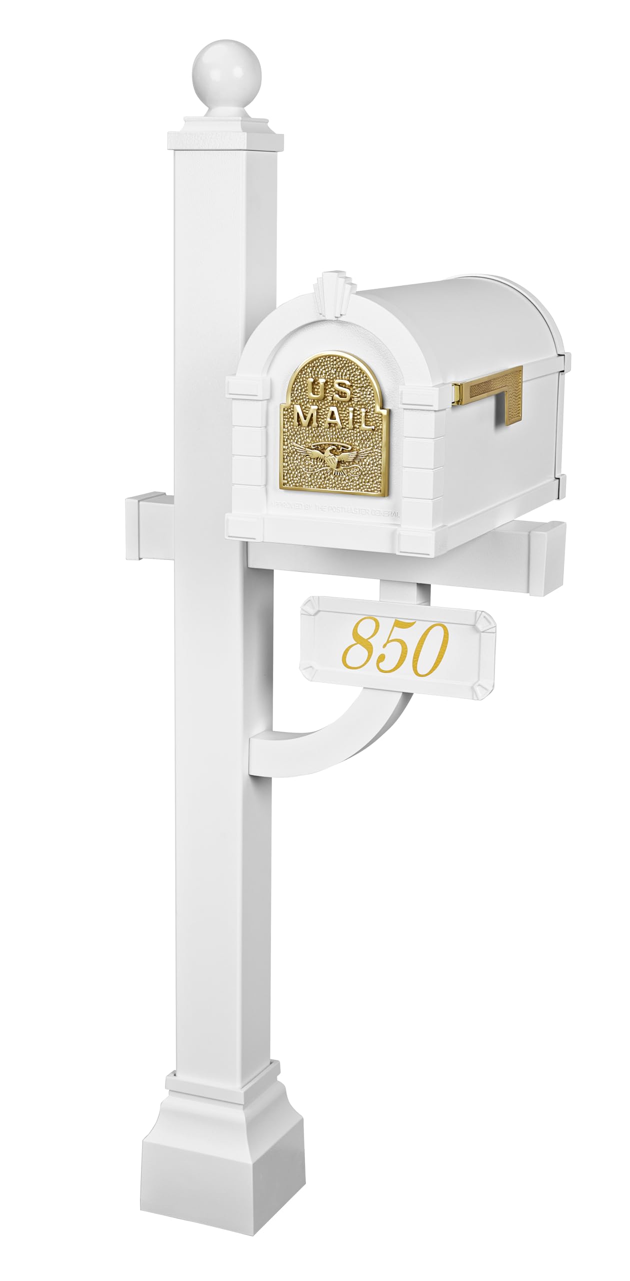 Gaines - Keystone Deluxe Post and Mailbox Set with Custom Address Plaque & Decorative Brass Eagle Cuff (White) – Perfect for Home, Farmhouse, and Rural Mailbox Installation