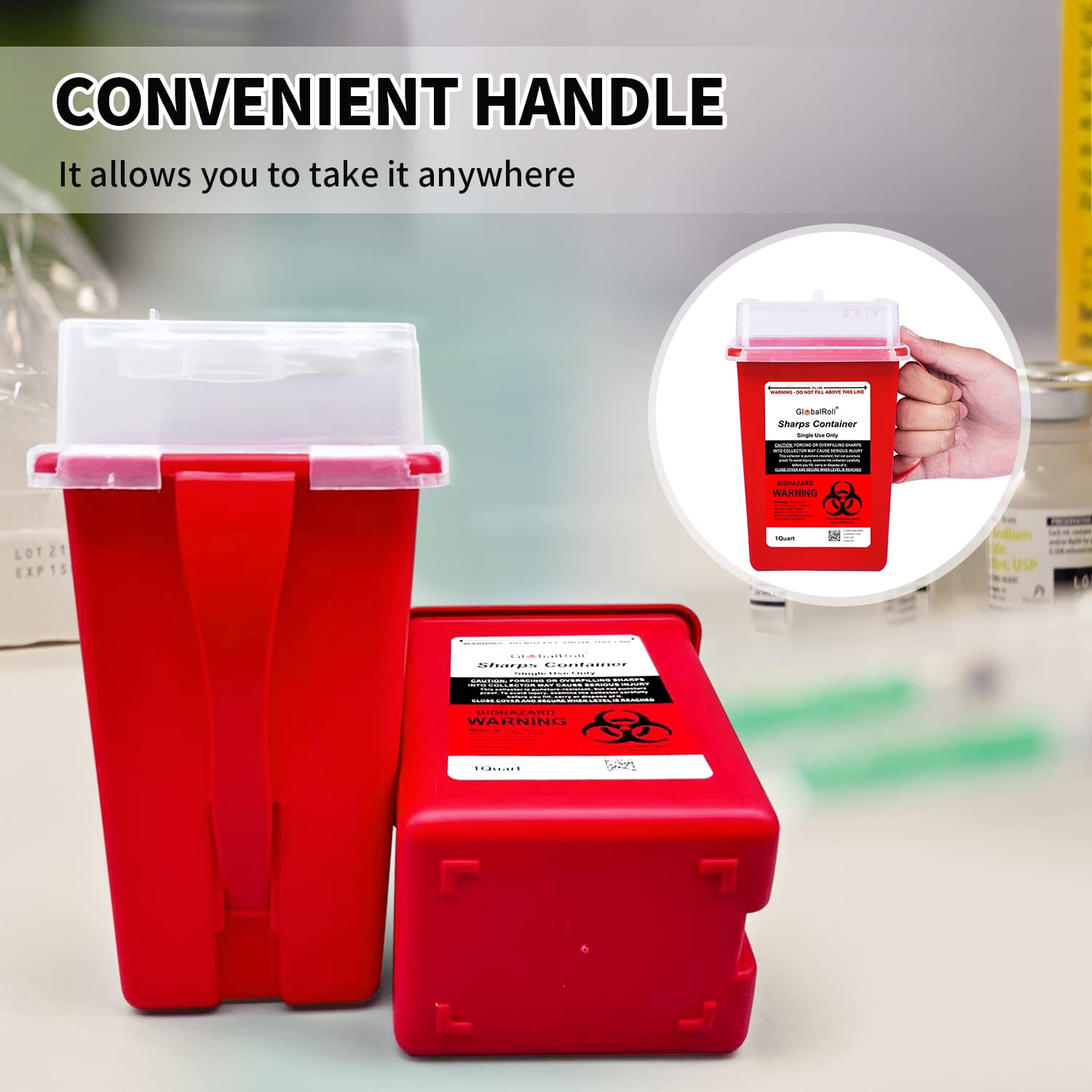 1 Quart Sharps Container 6-Pack - Biohazard Needle & Syringe Disposal Containers for Home, Clinic & Travel Use | Safe Medical Waste Disposal Solution for Diabetics, Tattoo Artists & Healthcare Professionals