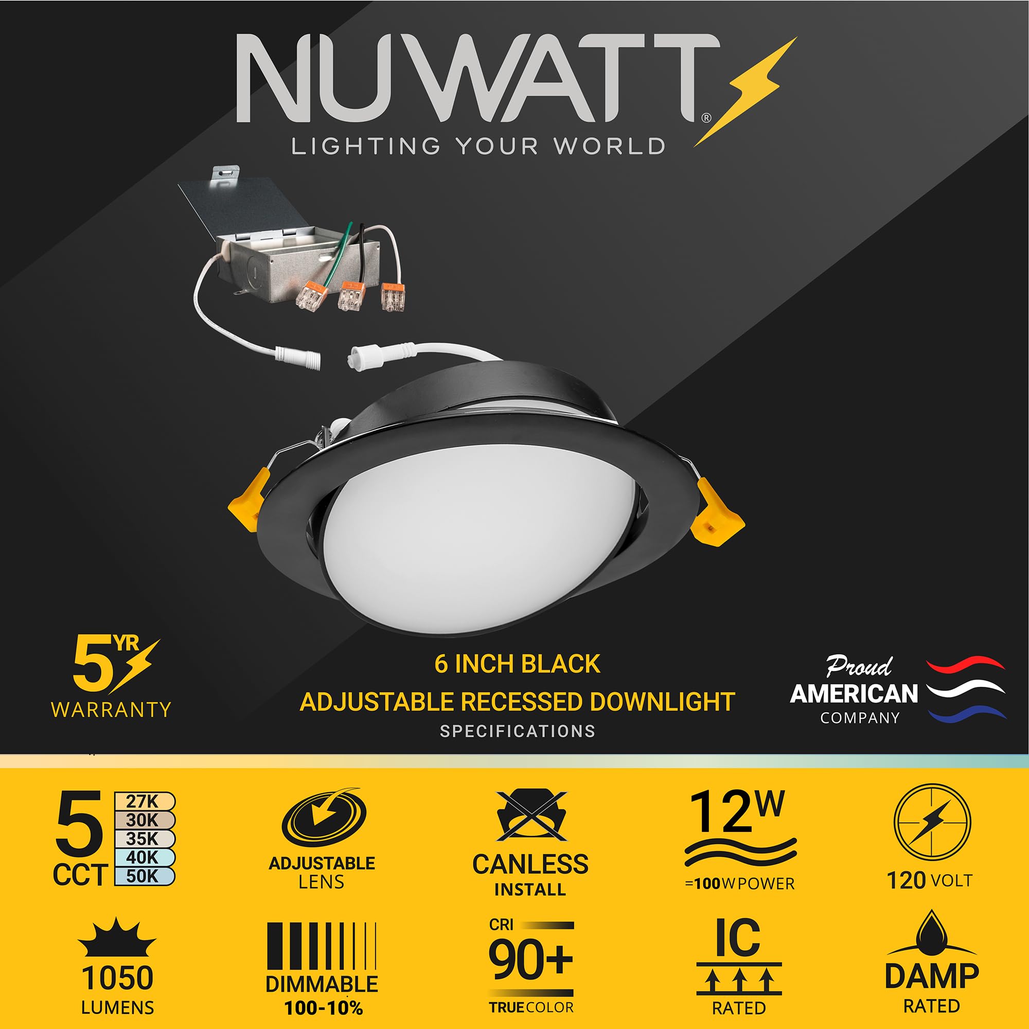 NUWATT 6 Inch Black Gimbal LED Recessed Lighting - 5CCT Adjustable Dimmable Wafer Lights (2700K-5000K) - 1050LM, 12W Canless Downlight for Sloped Ceiling - 6 Pack - Perfect for Living Room, Kitchen & Bedroom Lighting