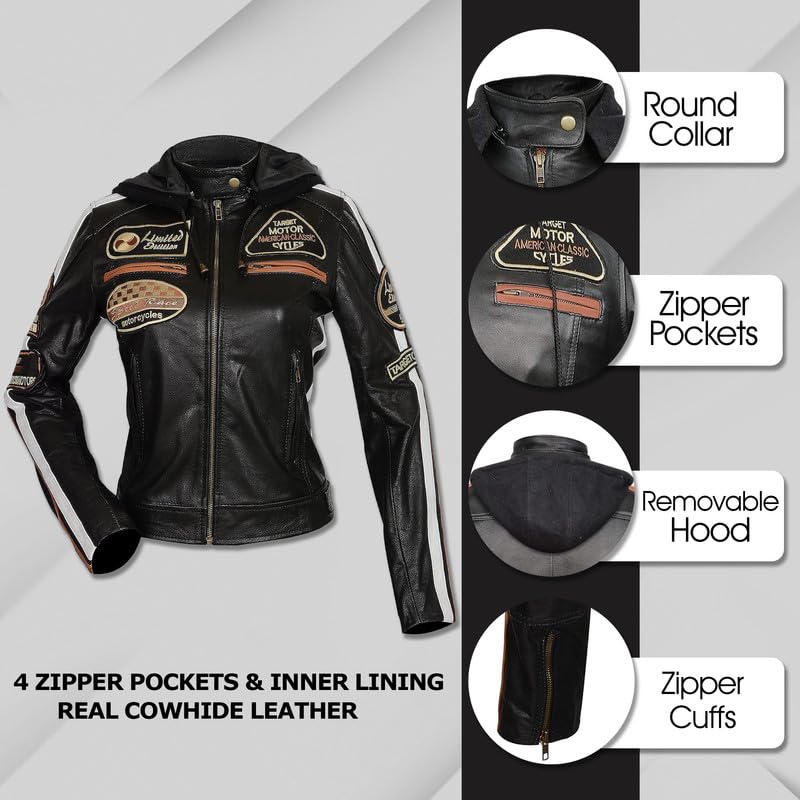LP-FACON Women's Vintage Hooded Biker Jacket - Cafe Racer Style with Retro Badges & Patches, Genuine Leather Motorcycle Jacket for Riding, Casual Wear & Fashion Outfits