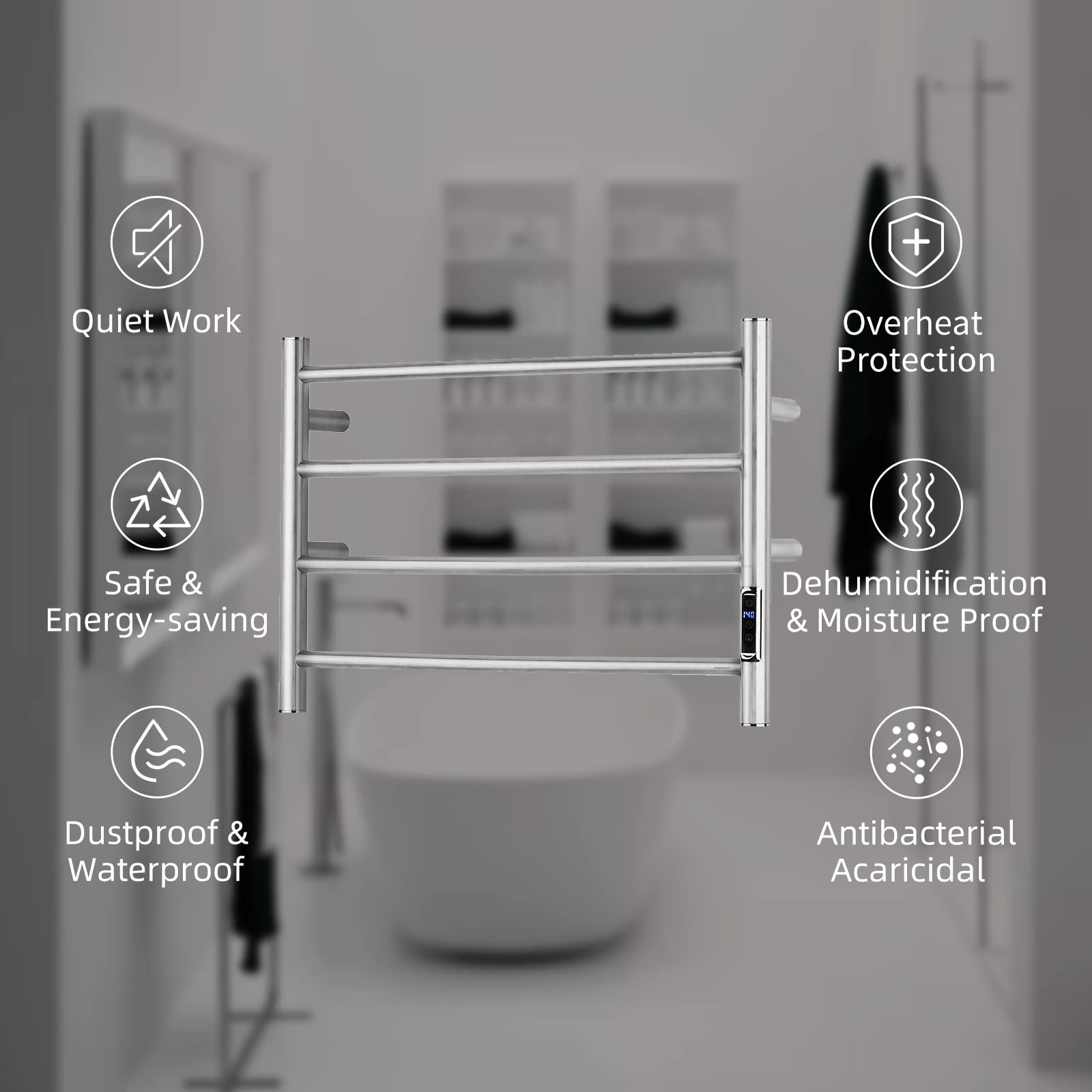 ETW29 Electric Towel Warmer with Timer - Brushed Stainless Steel Wall Mounted Bathroom Heated Towel Rack - Perfect for Spa, Luxury Bathrooms & Cold Weather Comfort