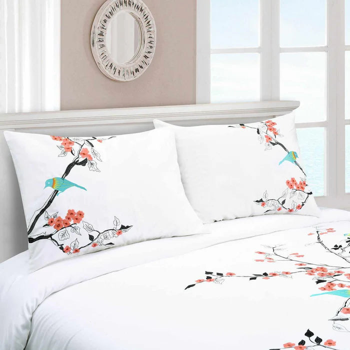 Premium Cotton Cherry Blossom Floral Embroidered Duvet Cover Set - Soft Bedding for Spring & Summer - Perfect for Master Bedroom, Guest Room & Dorm Decor