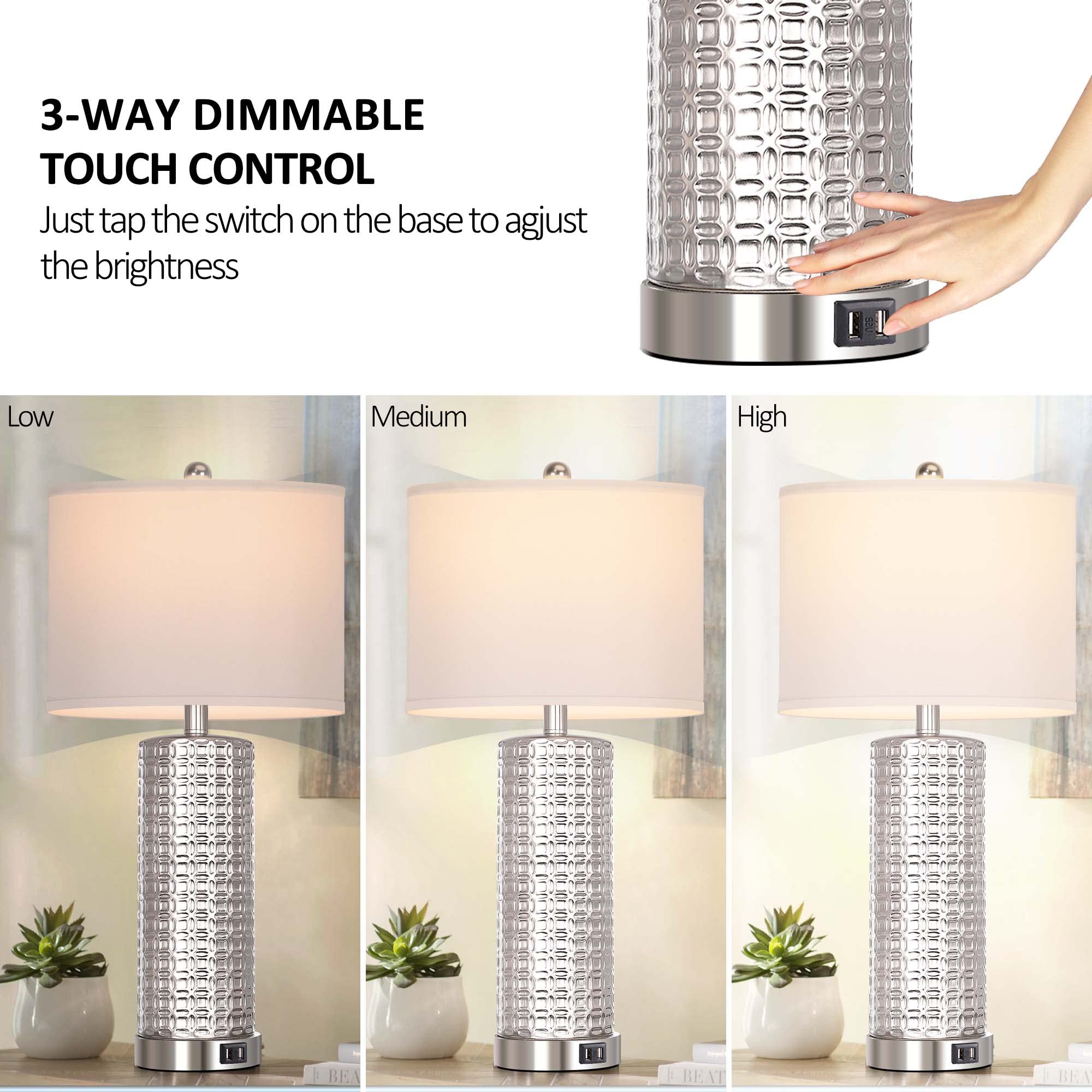 Modern Silver Table Lamps Set of 2 - USB Charging Bedside Lamps with 3-Way Dimmable Touch Control & White Drum Shade - Includes Bulbs - Perfect for Living Room, Bedroom, Office or Nursery Lighting