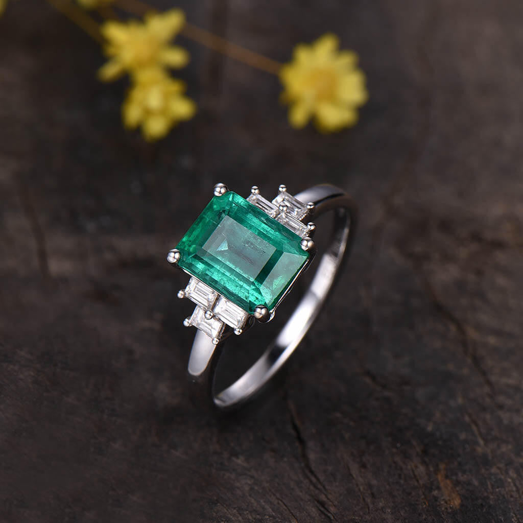 Solitaire Natural Emerald Cut Emerald & Baguette Diamond Engagement Ring - Perfect for Proposals, Weddings & Anniversary Gifts