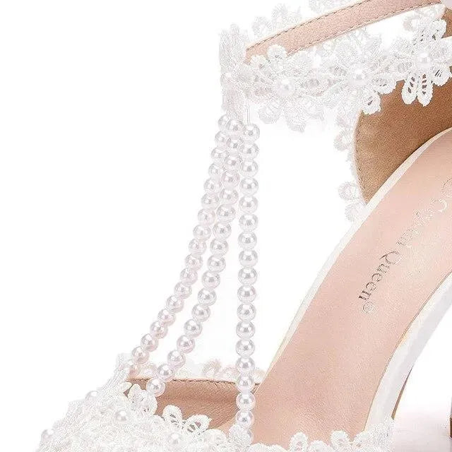 Elegant String Bead Lace Wedding Shoes for Bride – Comfortable Heels for Church Ceremony, Outdoor Photos & Reception