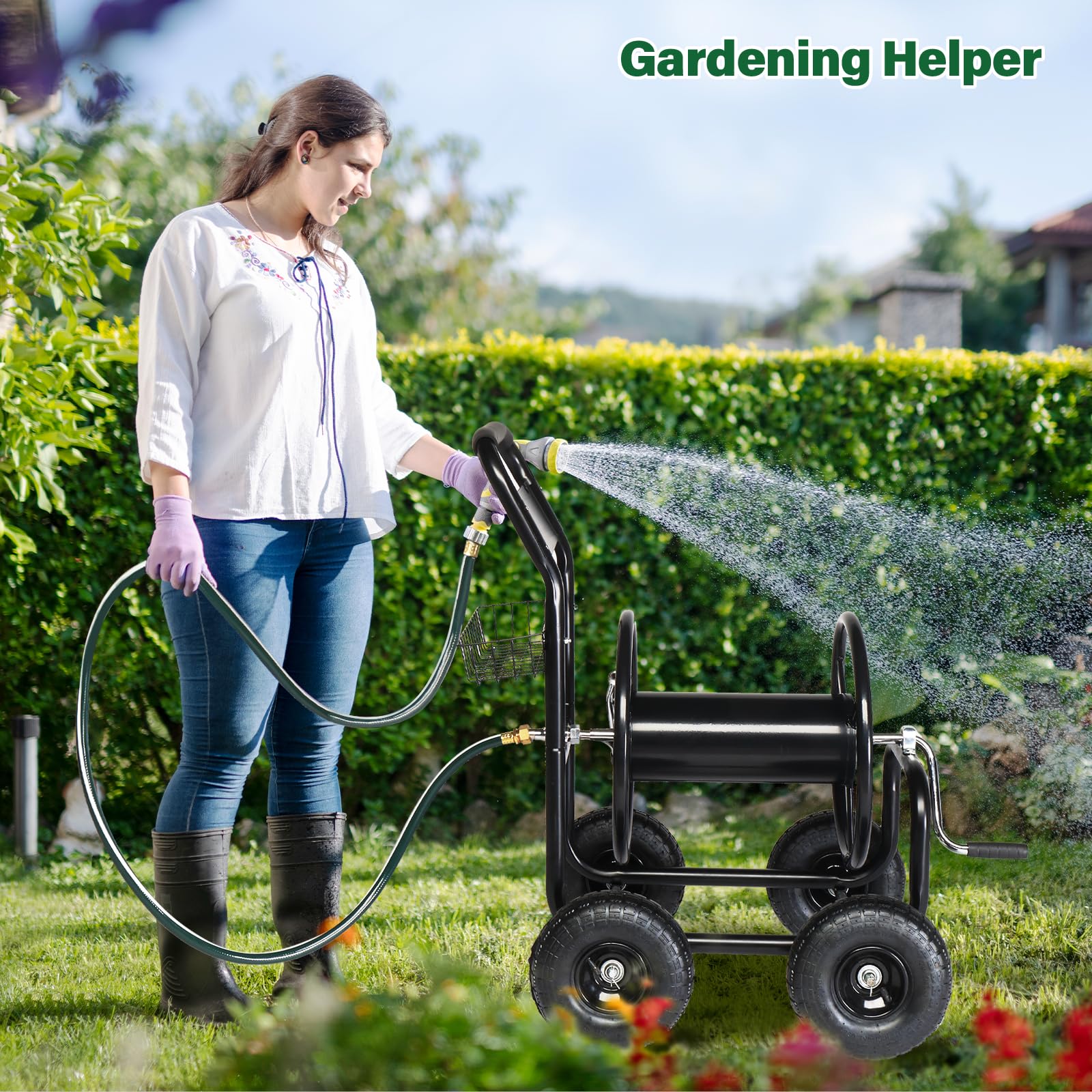 VINGLI 4-Wheel Heavy Duty Garden Hose Reel Cart with Storage Basket - Portable Outdoor Water Hose Holder for Lawn, Backyard, Farm & Yard Irrigation - Perfect for Watering Plants, Washing Cars & Outdoor Cleaning