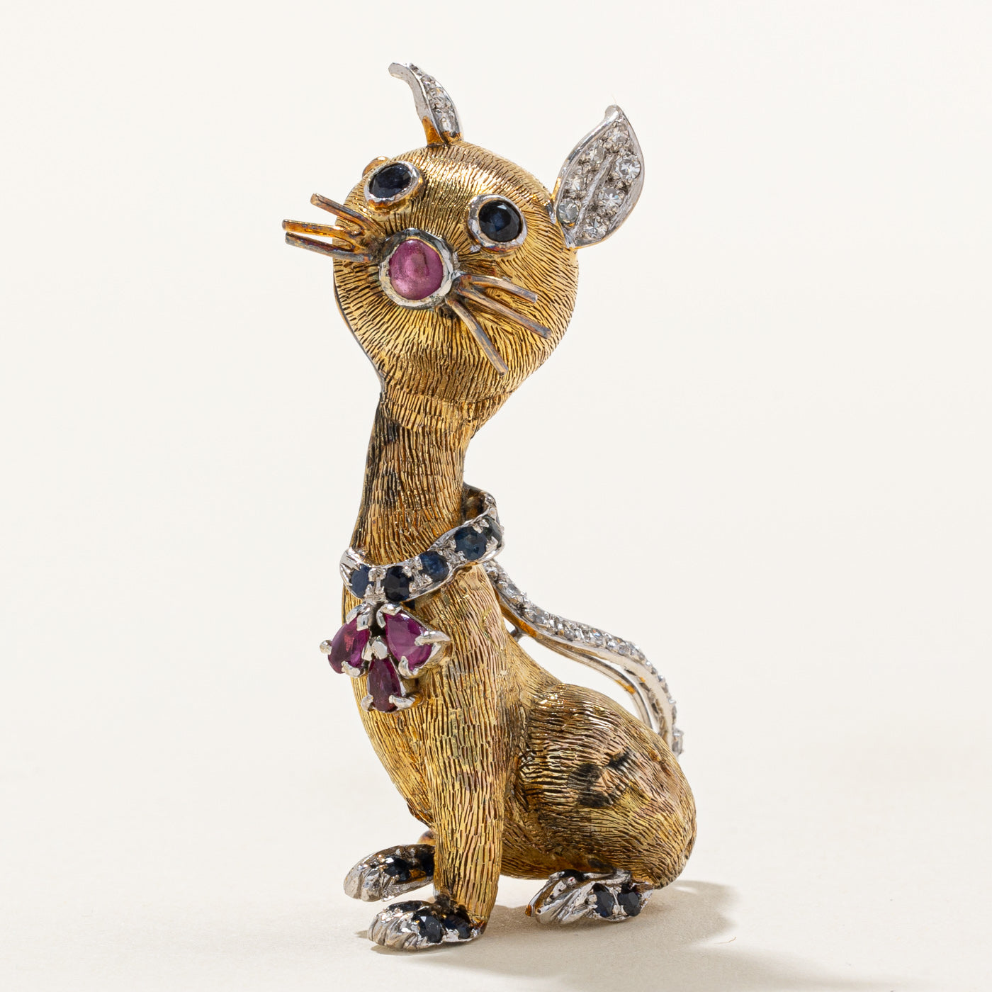 Vintage Diamond, Sapphire & Ruby Cat Brooch - 1.17ctw Elegant Jewelry - Perfect for Women's Fashion, Gift Giving & Special Occasions