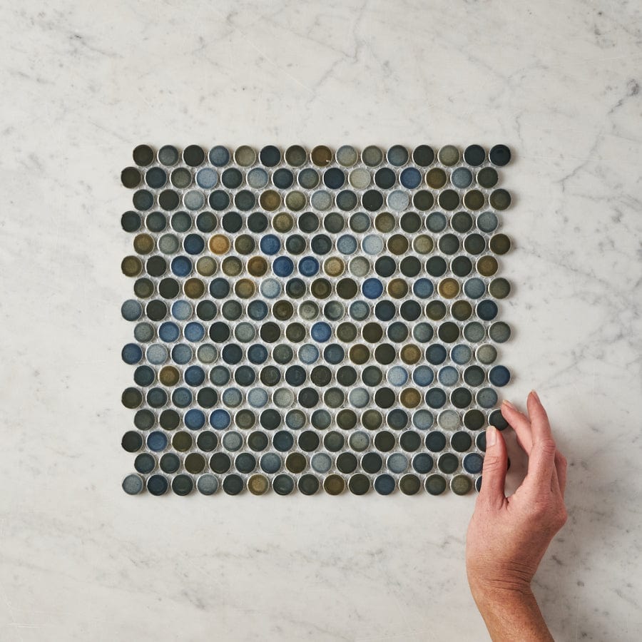 Premium Broadwater Dark Blue Mix Gloss Penny Round Mosaic Tile - Perfect for Bathroom Backsplash, Kitchen Accent Wall & Pool Designs