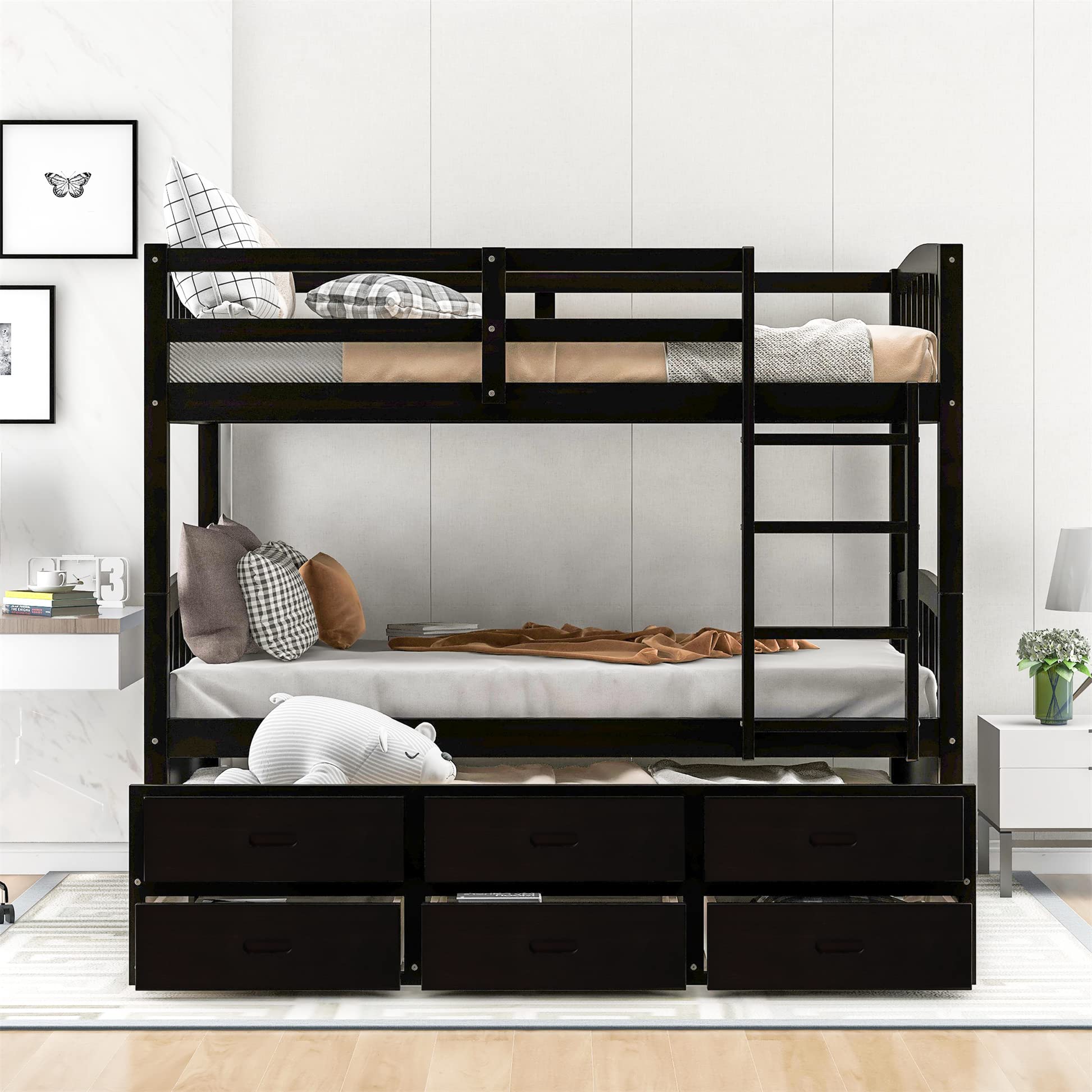 Harper & Bright Designs Solid Wood Twin Over Twin Bunk Bed with Trundle - 3 Storage Drawers, Safety Rail, Convertible to 2 Beds - No Box Spring Needed (Espresso) - Perfect for Kids' Bedroom, Guest Room & Space-Saving Solutions
