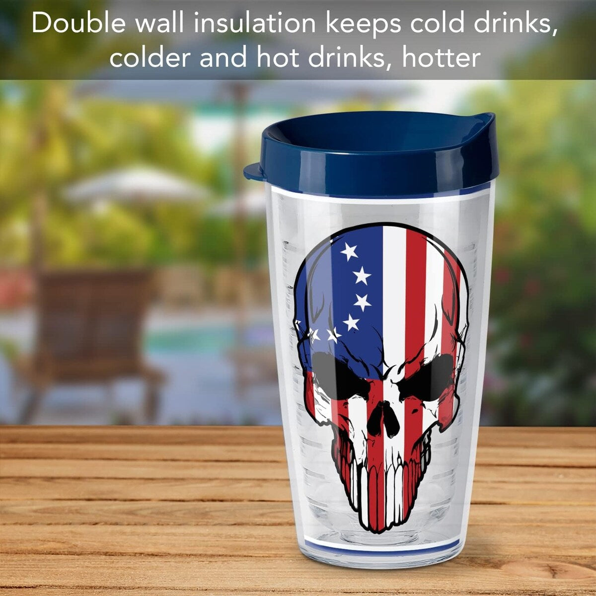 Betsy Ross Flag Skull Double Wall Insulated 16oz Unbreakable Plastic Tumbler with Lid - Microwave & Dishwasher Safe - Perfect for Patriotic Parties, Outdoor Events & Office Use