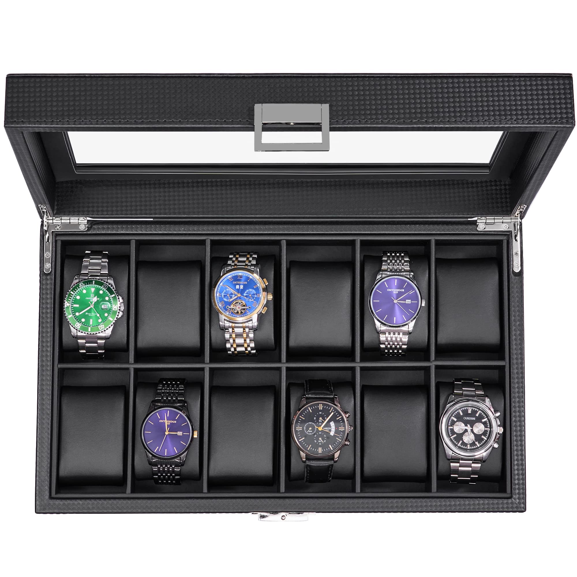 BEWISHOME 12-Slot Watch Box for Men - Luxury Carbon Fiber Display Case with Glass Window | Perfect for Home & Travel
