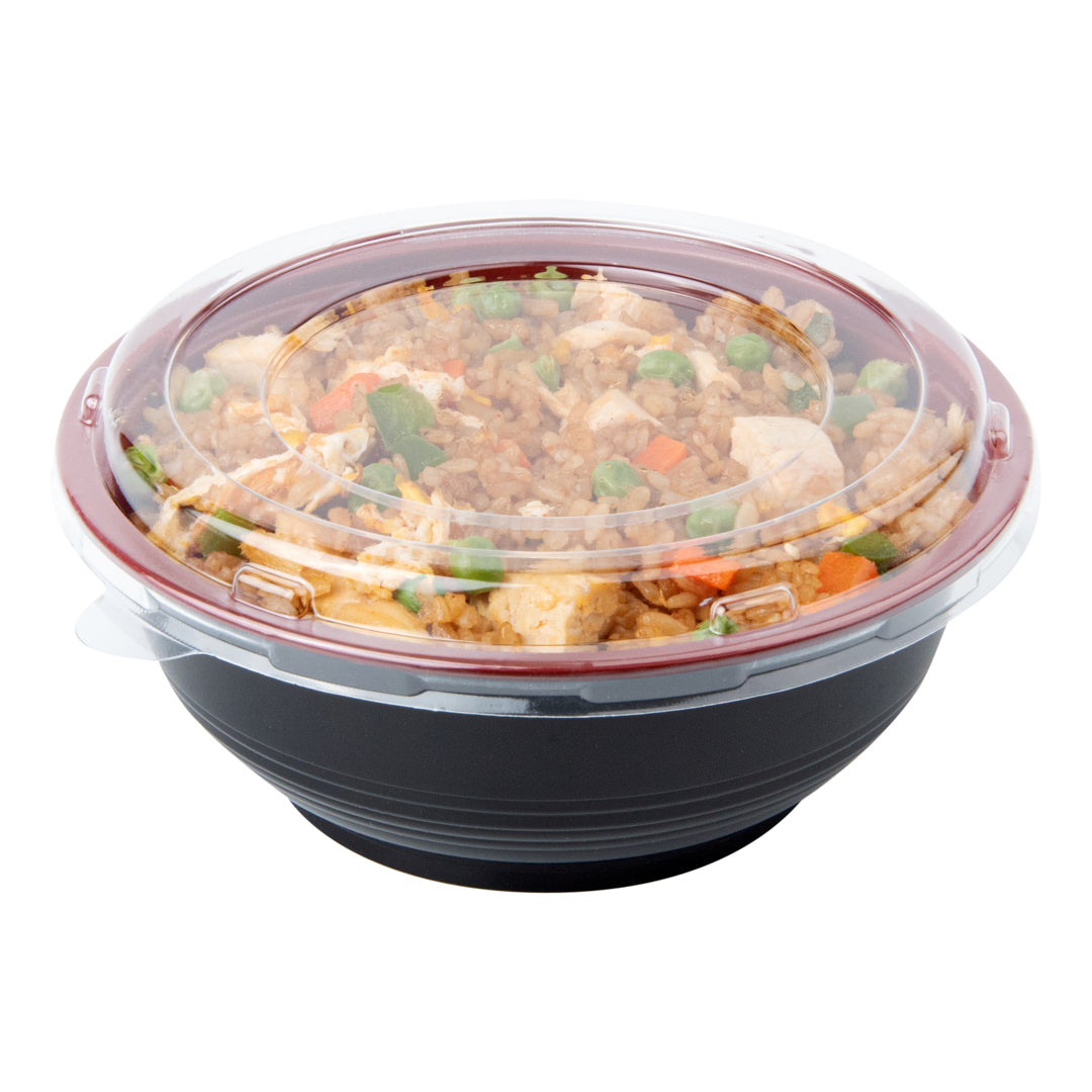 24oz Black & Red Plastic Panda Bowl with Clear Lid - Microwave Safe Asian Style Rice/Noodle Bowl (6.5