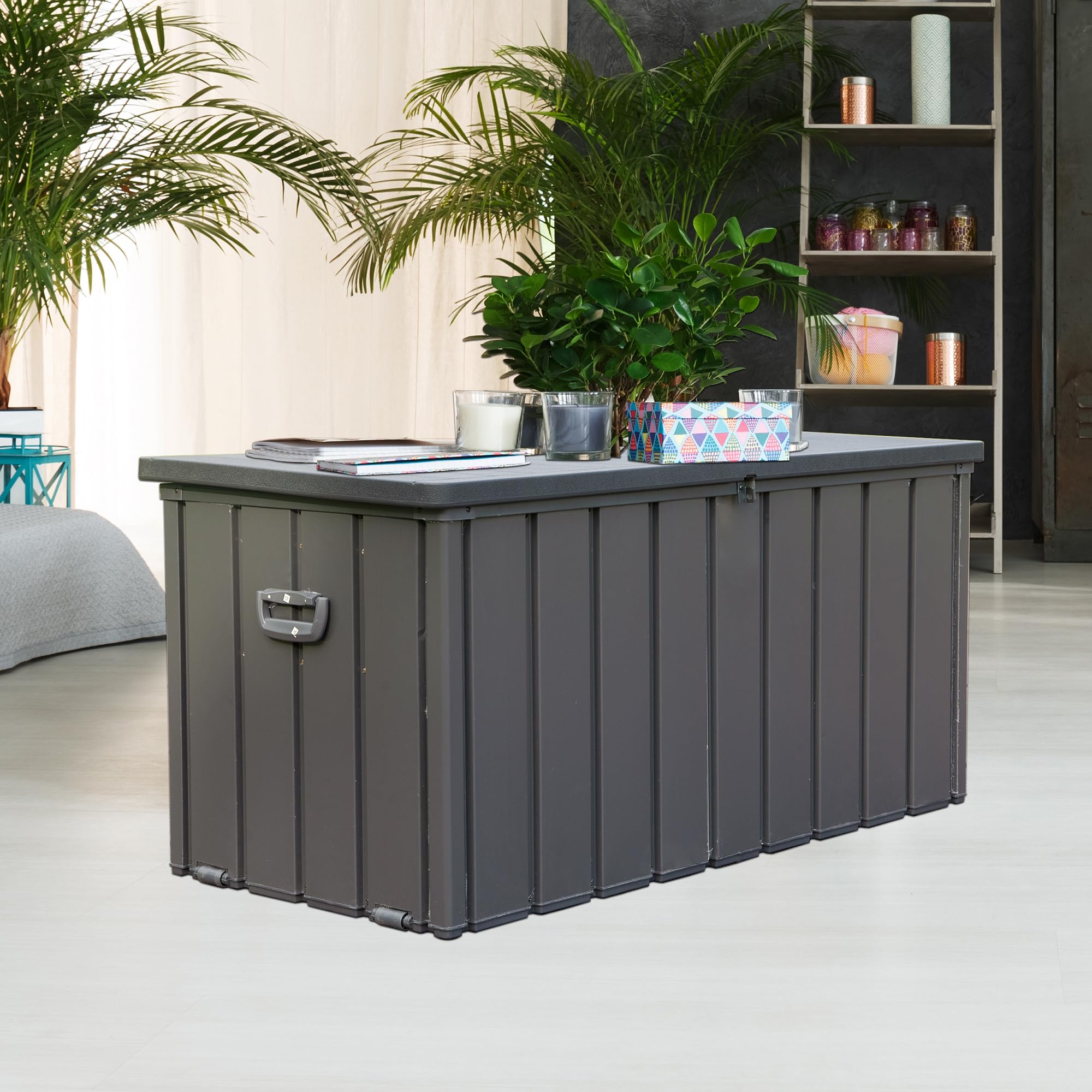**Domi 120 Gallon Deck Box - Waterproof Outdoor Storage Container with Lockable Resin Lid for Patio, Garden & Pool Tools - Ideal for Cushions, Toys & Equipment (Gray)**