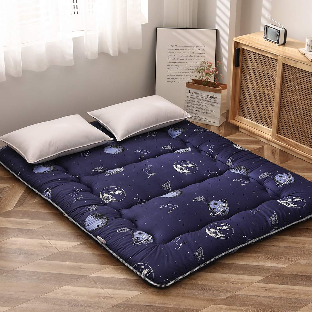 Navy Space Adventure Japanese Floor Futon Mattress - Thick Tatami Mat Sleeping Pad, Foldable Bed Roll for Kids & Adults - Twin Size Floor Lounger for Bedroom, Living Room & Travel