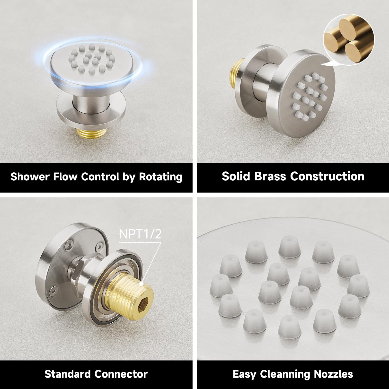 4PCS Round Shower Body Jet Spray with On/Off Flow Control - Brushed Nickel Brass Head for Spa Massage - Perfect for Bathroom Renovation & Luxury Shower Experience