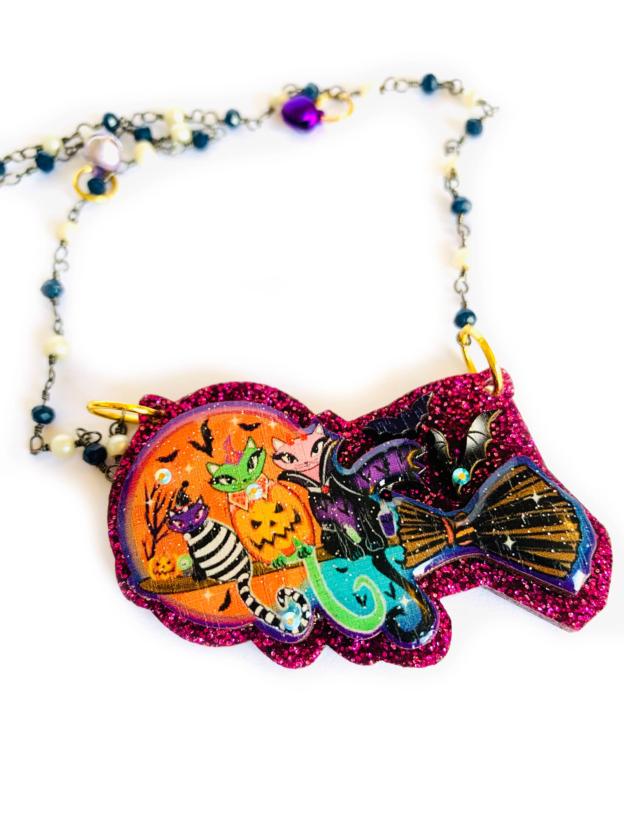 Rosie Rose Parker Cats on a Broom Necklace - Halloween Cat Witch Jewelry for Women, Perfect for Halloween Costume Accessories & Witchy Fashion