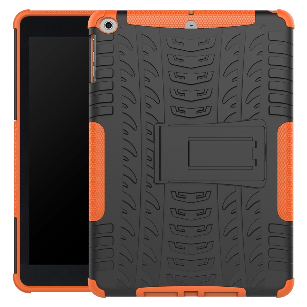 Shockproof Hybrid Rugged Case for iPad 9.7 (2017/2018), iPad Air 1/2, iPad 5th/6th Gen - Dual Layer Hard PC & Rubber Protective Cover with Kickstand (Orange) - Perfect for Work, Travel & Outdoor Adventures