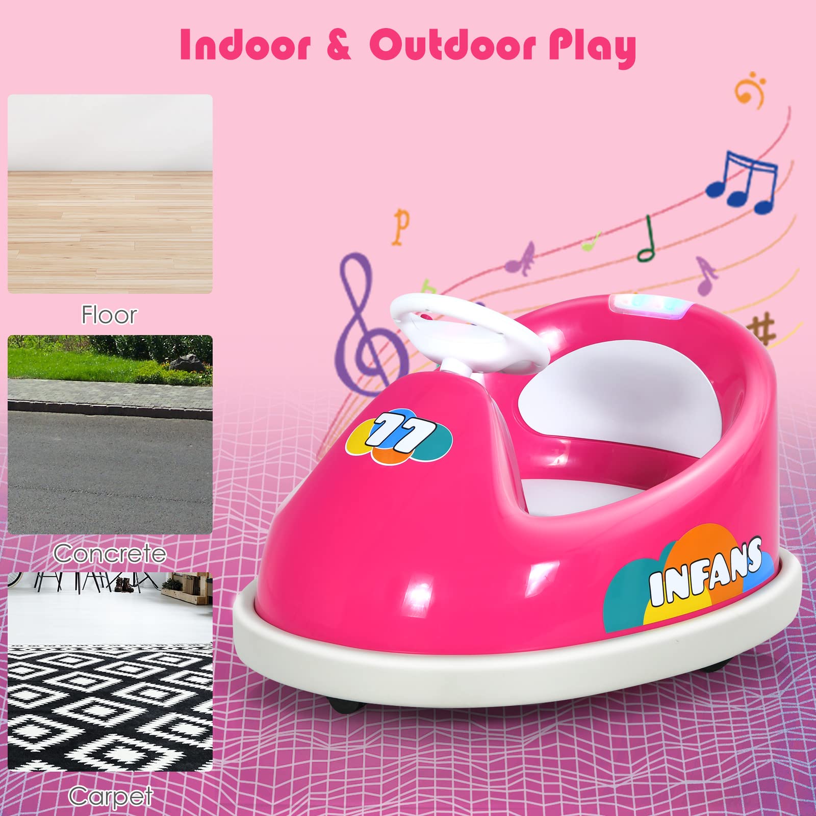 INFANS 6V Kids Electric Ride On Car with Remote Control - 360° Spin, LED Lights, Bluetooth Music & 2 Driving Modes - Rechargeable Battery Powered Bumper Toy for Boys & Girls (Rose) - Perfect for Indoor/Outdoor Play, Birthday Gifts & Toddler Entertainment