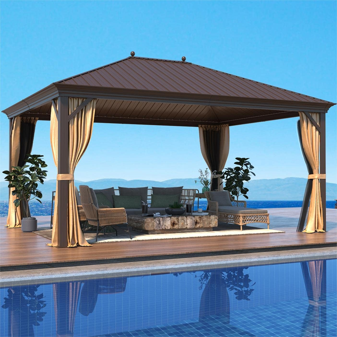 EROMMY 12' x 16' Hardtop Gazebo - Galvanized Steel & Aluminum Permanent Pavilion with Curtain & Netting, Brown - Perfect for Backyard, Patio, Garden, and Outdoor Entertaining