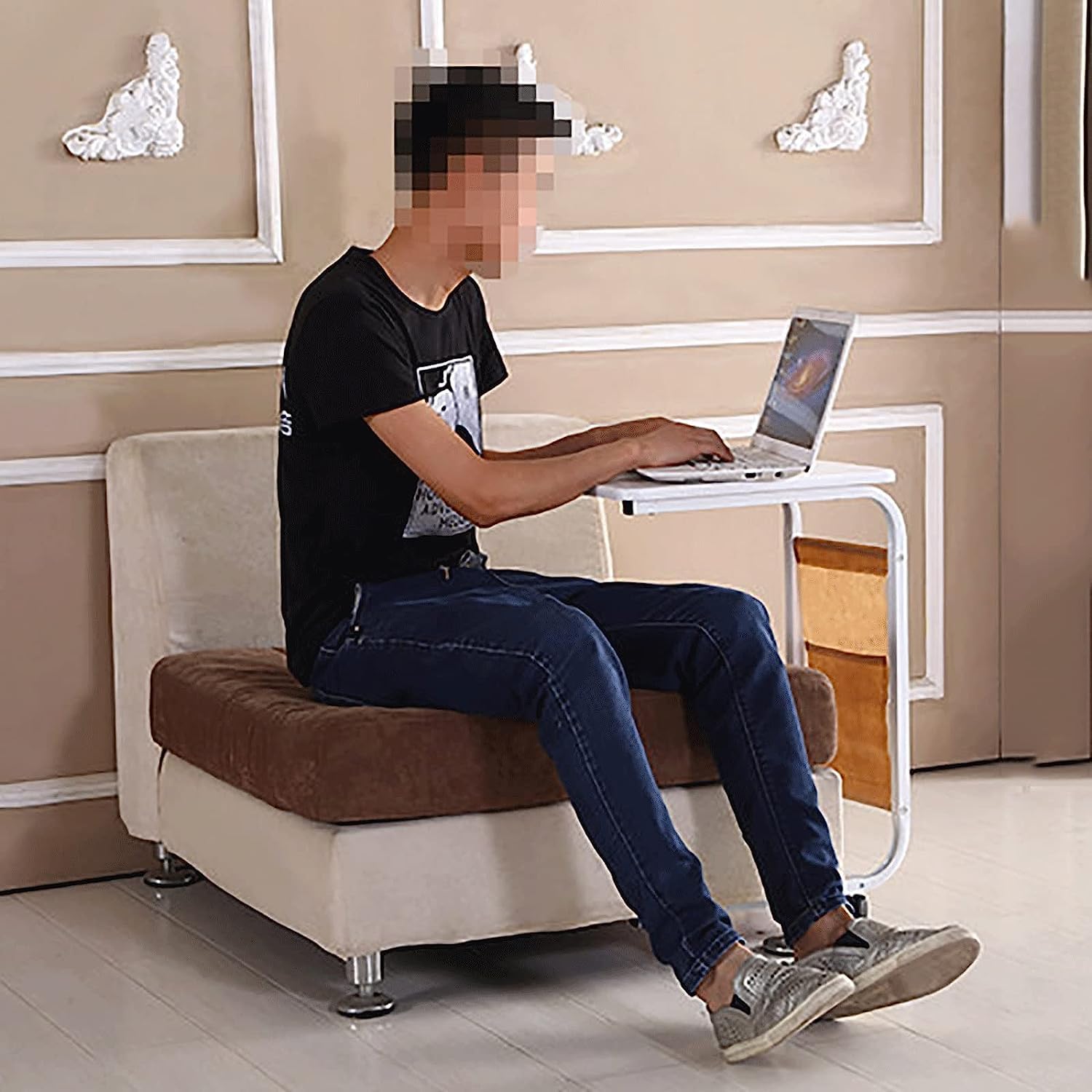 Adjustable Overbed Table with Wheels - C-Shaped Mobile Standing Desk for Laptop, Bedside Work & Dining - Steel Frame Height-Adjustable Side Table for Home, Hospital & Office Use
