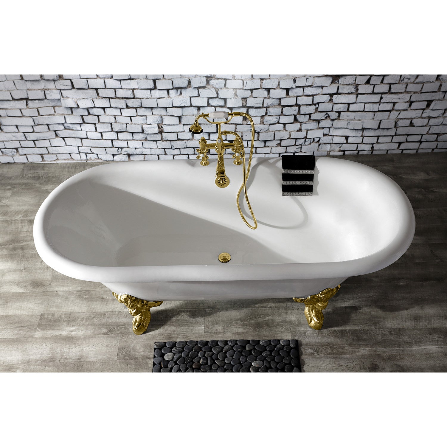 Aqua Eden 72 Inch White Cast Iron Clawfoot Bathtub with Polished Brass Feet - Double Ended Oval Freestanding Soaking Tub (7 Inch Faucet Drillings) for Vintage Bathroom & Luxury Spa Retreat