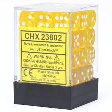 Chessex 36-Pack Yellow with White Translucent 12mm Pipped D6 Dice Set - Perfect for Tabletop RPGs, Board Games & D&D Sessions