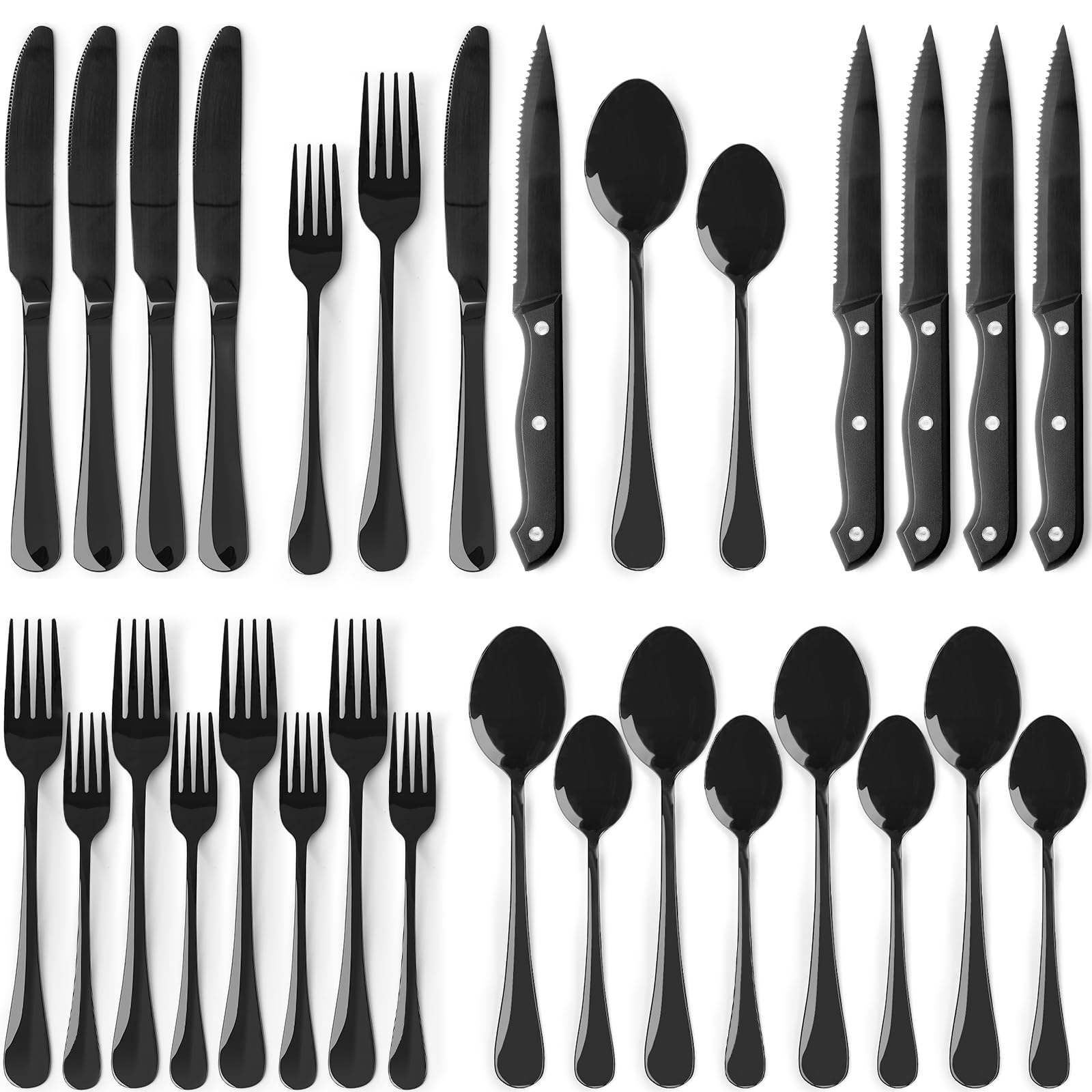 Astercook 24-Piece Stainless Steel Flatware Set - Mirror Polished Black Silverware with Steak Knives for 4, Includes Spoons & Forks - Durable Food-Grade Cutlery Set for Home, Kitchen & Restaurant Use - Perfect for Dining, Entertaining & Everyday Meals