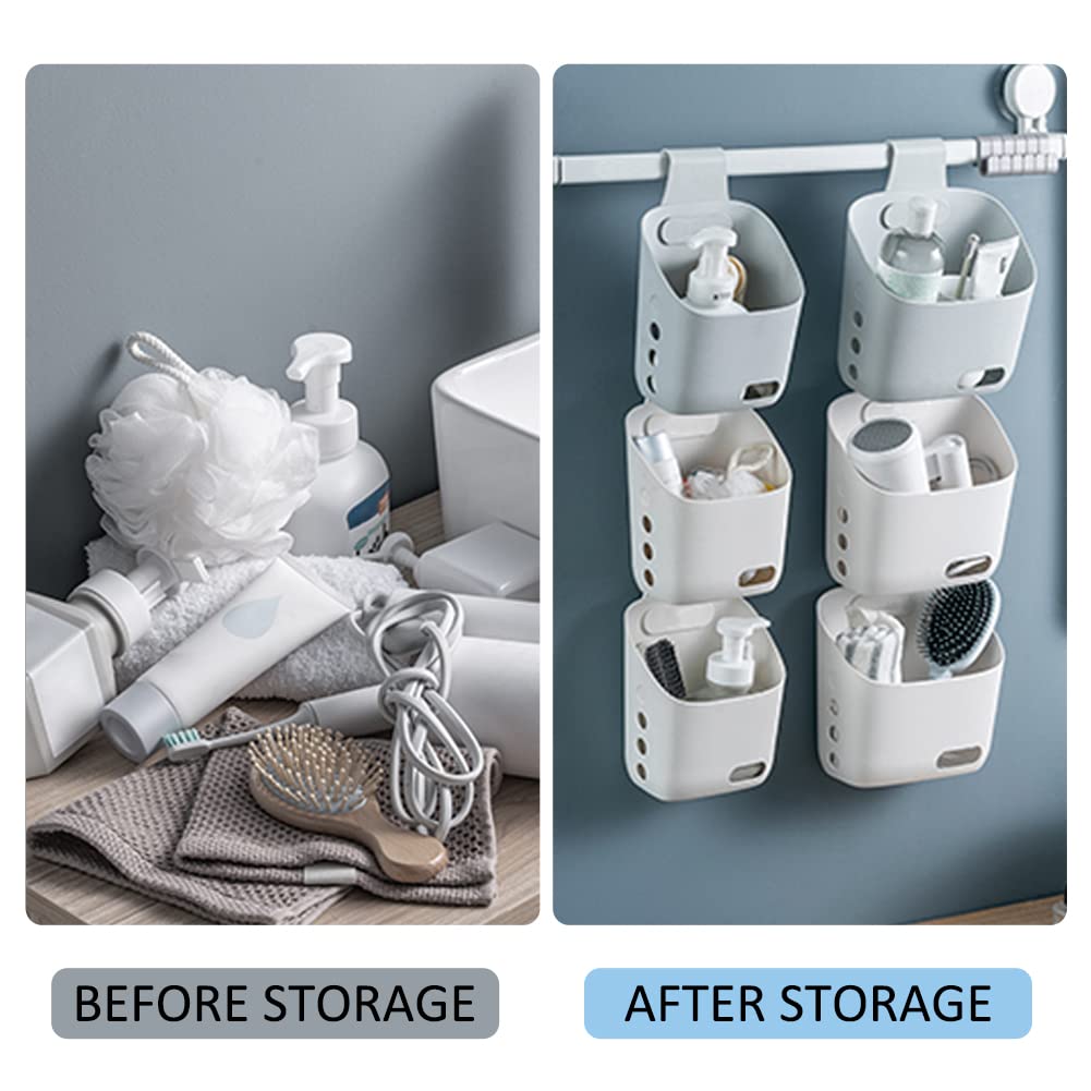 3-Pack Hanging Plastic Baskets with Hooks - Drainage Shower Organizer, Kitchen & Bedroom Storage Baskets, Space-Saving Home Decor (Gray) - Perfect for Bathroom, Pantry, and Closet Organization