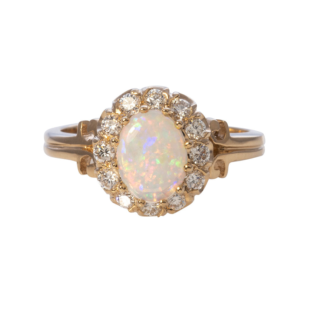 14K Yellow Gold Oval Opal & Diamond Cluster Ring for Women - Elegant Jewelry Gift for Wedding, Anniversary & Special Occasions