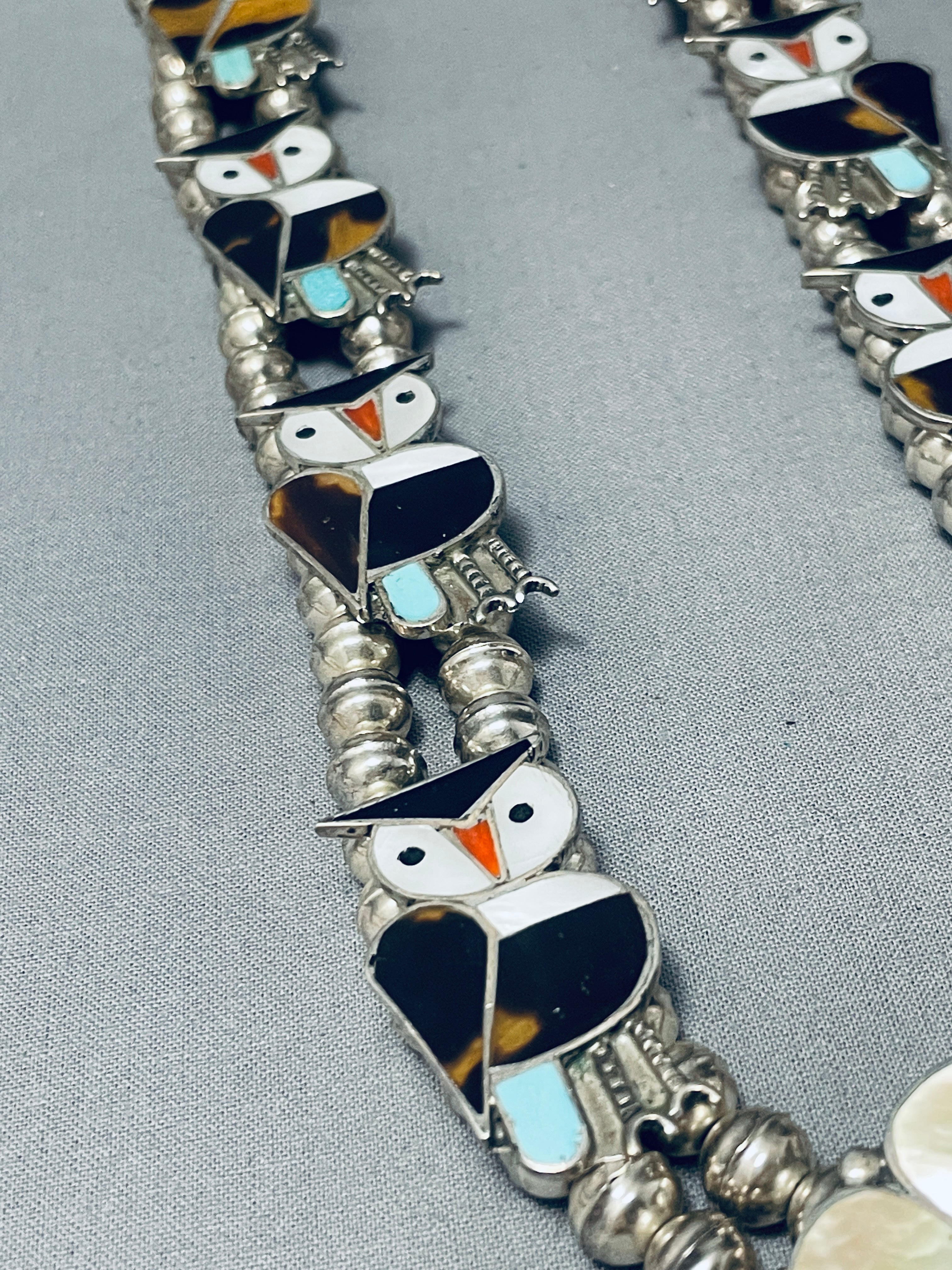 Vintage 1970s Zuni Native American Owl Sterling Silver Squash Blossom Necklace - 149g Handcrafted Inlay Jewelry for Boho Fashion & Southwest Style Outfits
